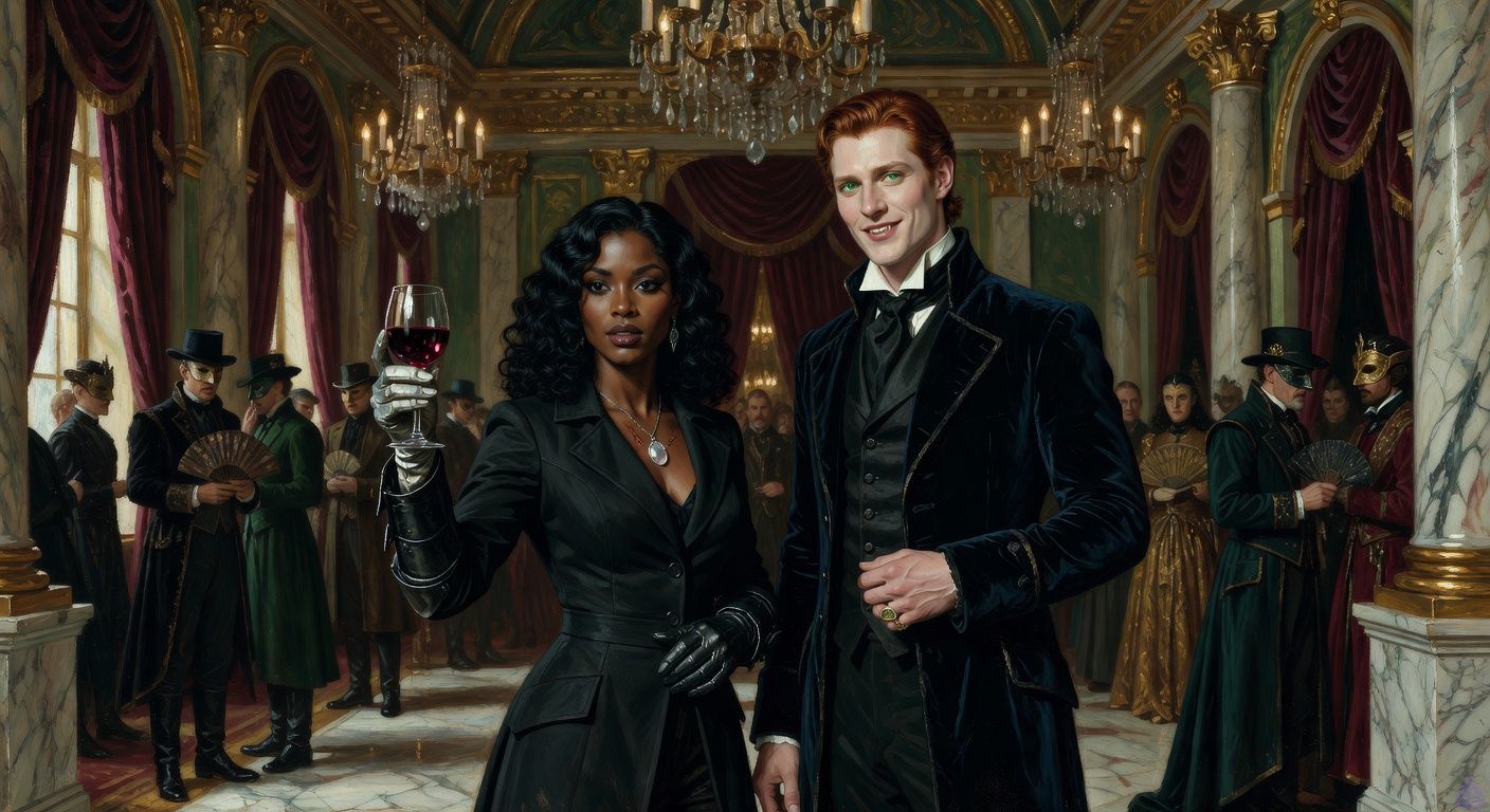 Cinematic gothic romance scene inside a lavish Valcairn opera house ballroom during a masquerade. Leah Caine, a dark-skinned vampire huntress with shoulder-length black natural curls, glossy black eyes, a fitted black hunter’s coat over dark leather armor, silver-threaded gloves, and a moonstone pendant, holds a stolen crystal wineglass up in a daring toast. Prince Aiden Dubois, tall and athletic with pale ivory skin, copper-red swept-back hair, vivid emerald eyes, a midnight-blue velvet coat, black waistcoat, open white collar, and antique signet ring, stands very close beside her with a restrained, intrigued smile. Chandeliers glow above, red wine catches the light like ruby, masked nobles stare in suspicion, velvet curtains and marble columns frame the scene. Mood is tense, elegant, dangerous, romantic, with charged body language and a sensual gaze but no explicit content.