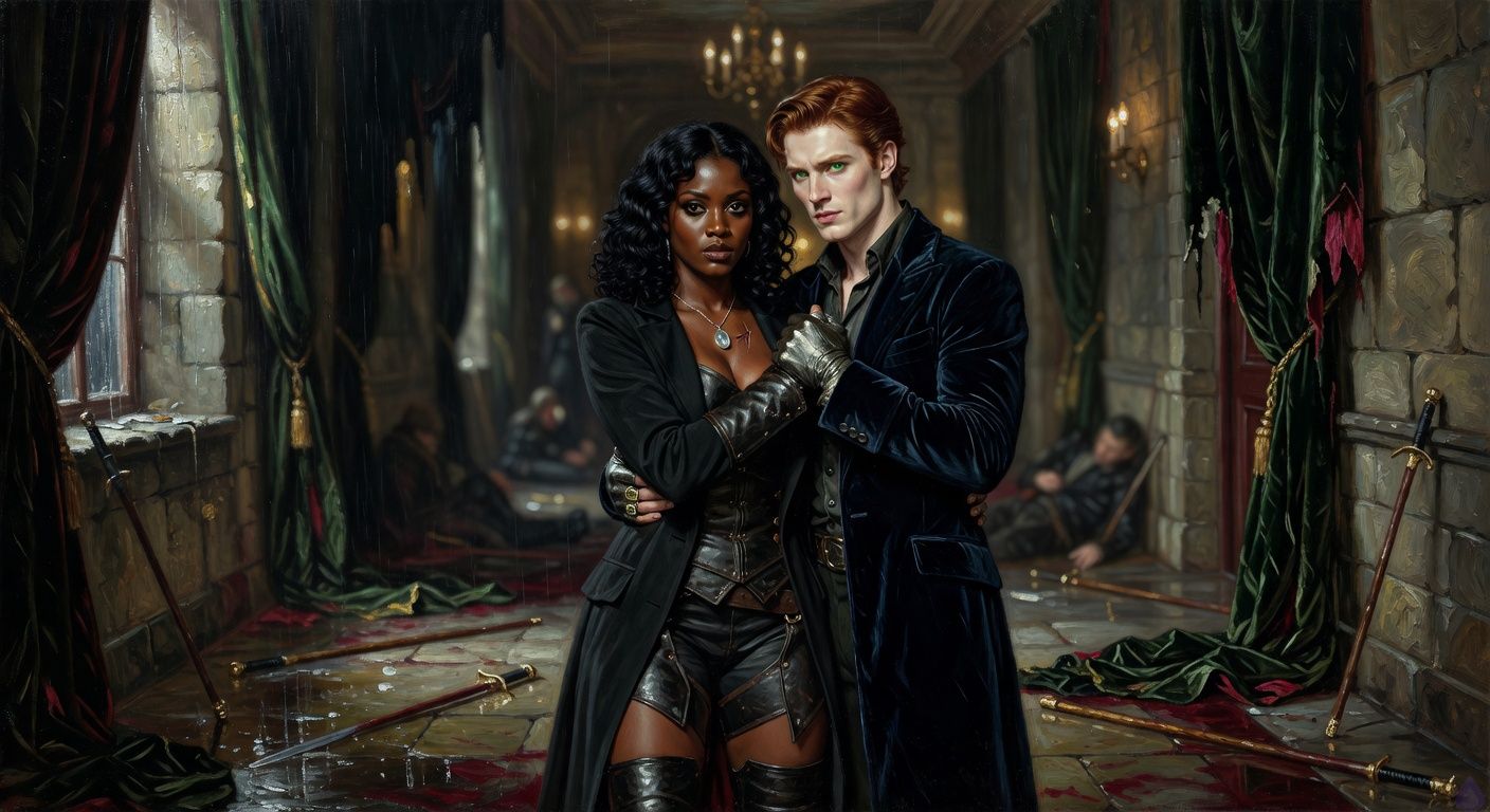 Cinematic gothic romance scene in a shadowed opera house balcony passage during a rainstorm. Leah Caine, a curvy agile Black vampire huntress with deep mahogany skin, glossy black eyes, and shoulder-length inky curls, wears a fitted black hunter’s coat over dark leather armor with silver-threaded gloves and a moonstone pendant at her throat. Prince Aiden Dubois, tall and athletic with pale ivory skin, copper-red swept-back hair, vivid emerald eyes, and a midnight-blue velvet coat, holds her close after a fight. Their bodies are intertwined from the momentum of combat, her gloved hand gripping his lapel, his arm around her waist, their faces inches apart with intense sensual gazes and restrained longing. Fallen cane-blades and subdued enemies lie in the dim corridor, velvet drapes torn, chandelier light and moonlit rain reflecting on stone. Mood: dangerous, romantic, charged, elegant, PG-13, no explicit nudity, no gore.
