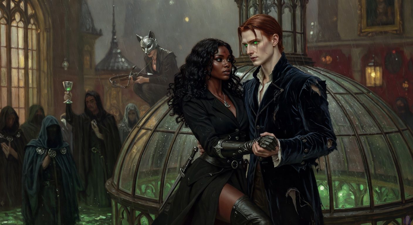 Cinematic gothic romance action scene on a rain-slick glass conservatory dome at night. Leah Caine, a dark-skinned vampire huntress with loose black curls, black eyes, curvy athletic build, fitted black hunter coat and dark leather armor, finishes a graceful curtsy after a daring rooftop leap, smoldering gaze fixed on Prince Aiden Dubois. Aiden is tall and pale with rain-darkened copper-red hair, vivid emerald eyes, an athletic build, and a torn midnight-blue velvet coat, holding her hand with restrained intensity. Below them, Black Chapel glows with eerie green-gray light, robed figures wearing mourning iron gather in the flooded street, and a veiled priestess raises a chalice. Behind them on a distant roof, a silver fox-masked woman aims a crossbow. Mood: dangerous, passionate, gothic, rain, moonlight, tension, romantic trust under threat. Dramatic lighting, wet glass reflections, elegant body language, intimate but tasteful chemistry.