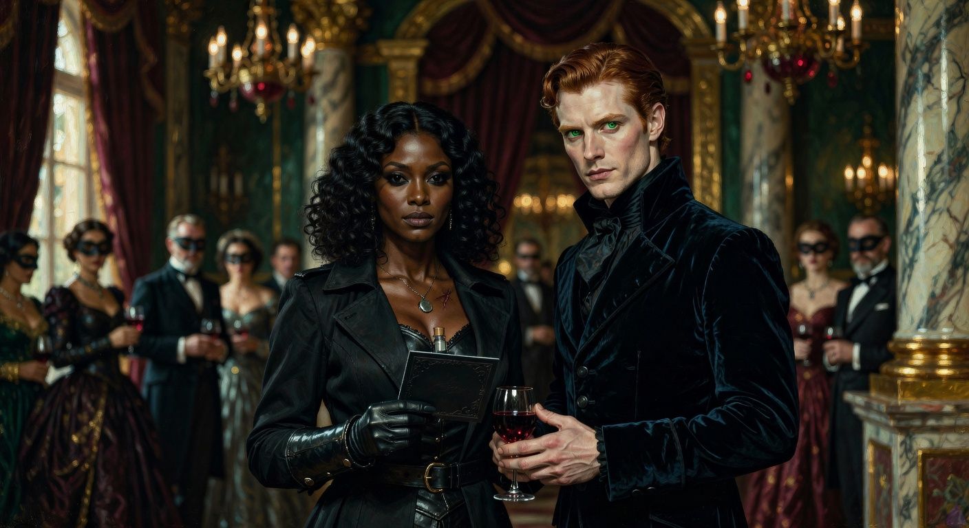 Cinematic gothic romance scene inside a lavish rainlit opera house ballroom, a dark-skinned vampire huntress with shoulder-length black natural curls, black eyes, fitted black hunter coat and dark leather armor, silver-threaded gloves, holding a black invitation card and a red wineglass. She stands close to a tall pale vampire prince with copper-red swept-back hair, vivid emerald eyes, midnight-blue velvet coat and aristocratic poise. Their hands nearly intertwined at her wrist, intense sensual gaze, witty tension, restrained passion, chandeliers glowing overhead, masked nobles watching in the background, velvet curtains, marble columns, moody gold and crimson lighting, elegant danger, tasteful romantic atmosphere, no explicit nudity.
