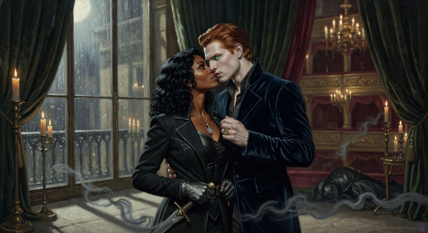 Cinematic gothic romance scene in a rain-dark opera house balcony passage. Leah Caine, a deep mahogany-skinned vampire huntress with loose black natural curls, glossy black eyes, fitted black hunter coat and dark leather armor, stands close to Prince Aiden Dubois, a pale ivory vampire prince with copper-red swept-back hair, vivid emerald eyes, and a midnight-blue velvet coat. They have just broken from a passionate but tasteful kiss, lips inches apart, both alert as danger returns. Rain streaks the glass behind them, chandeliers flicker through velvet curtains, gray grave-smoke curls along the stone floor, and a defeated mourning-iron messenger lies nearby. Mood is tense, sensual, dangerous, elegant, with dramatic moonlight and candlelit shadows, no explicit nudity, PG-13 romantic tension.
