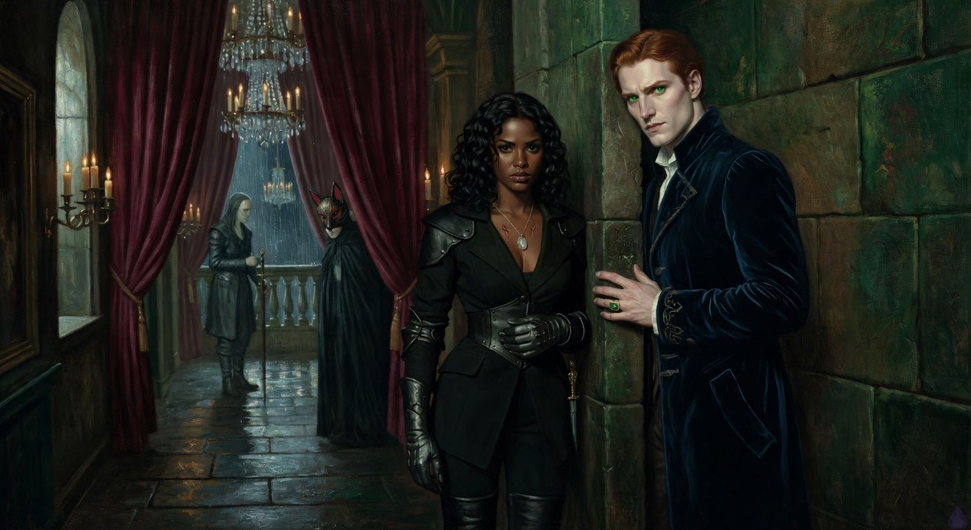 Cinematic gothic romance thriller scene in a narrow shadowed opera house service passage behind velvet drapes, rain glistening on dark stone through a balcony opening. Leah Caine, a deep mahogany skinned vampire huntress with loose black curls, black eyes, fitted black hunter coat and dark leather armor, stands with her back to the wall, fierce and defiant. Prince Aiden Dubois, tall and pale with copper-red swept-back hair and vivid emerald eyes, in a midnight-blue velvet coat, stands very close with one hand braced beside her shoulder, shielding her from view without touching her. Their gazes are intense, wary, passionate, like rivals on the edge of trust. In the background, a pale mourning-iron messenger with a cane-blade and a fox-masked woman in the corridor create danger. Moody candlelight, chandelier reflections, rain-blue shadows, sensual tension, restrained body language, elegant gothic atmosphere, no explicit nudity.