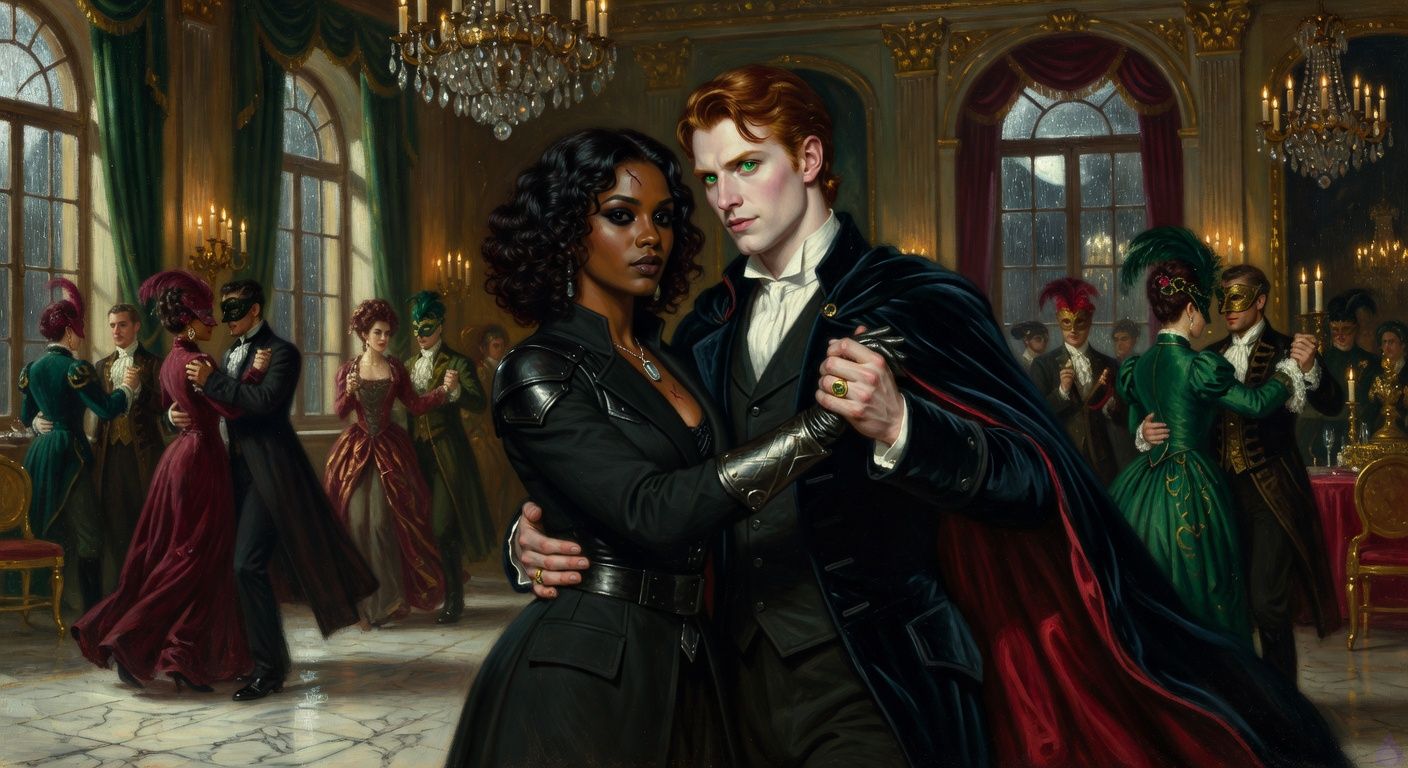 Cinematic gothic romance scene inside a lavish masquerade opera house ballroom at night, rain-streaked windows and moonlight beyond, glittering chandeliers, masked nobles dancing in the background. In the center, Leah Caine, a dark-skinned vampire huntress with shoulder-length natural black curls, glossy black eyes, curvy athletic build, wearing a fitted black hunter’s coat over dark leather armor and silver-threaded gloves, dances with Prince Aiden Dubois, a tall pale vampire prince with swept-back copper-red hair, vivid emerald eyes, athletic graceful build, wearing a midnight-blue velvet coat, black waistcoat, open-collar white shirt, signet ring, and crimson-lined cloak. Their hands are formally joined, his hand poised respectfully at her back, their faces close with wary attraction and sensual tension, a dangerous but tasteful gaze between enemies. Mood: elegant, charged, mysterious, romantic thriller, rich shadows, candlelit gold and deep crimson tones, no explicit nudity, no gore.