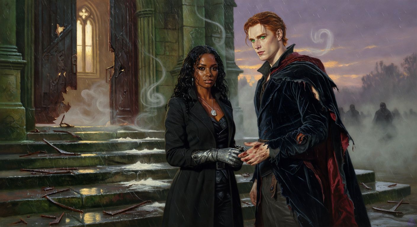 Cinematic gothic romance scene on the rain-soaked steps of a broken black chapel at predawn. Leah Caine, a curvy agile Black vampire huntress with deep mahogany skin, shoulder-length dense black curls, black eyes, fitted black hunter coat over dark leather armor, silver-threaded gloves, and a shattered moonstone pendant at her throat, stands amid swirling white holy ash. Beside her is Prince Aiden Dubois, tall athletic pale vampire with copper-red rain-damp hair, vivid emerald eyes, torn midnight-blue velvet coat with crimson-lined cloak, one hand burned from shielding her. They stand close, hands touching, intense sensual gaze, restrained romantic tension, battle aftermath but no gore. Behind them, Black Chapel’s cracked doors smolder with fading green-gray light, mourning-iron fragments scattered across wet stone, distant masked enemies fleeing into mist. Mood: passionate, dangerous, triumphant, gothic, silver rain, violet dawn, dramatic backlighting, elegant cinematic composition.