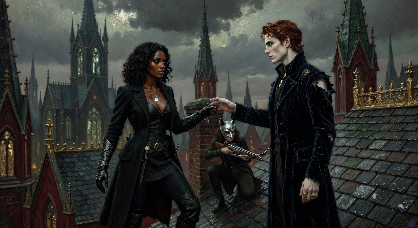 Cinematic gothic romance action scene on rain-slick opera house rooftops at night. Leah Caine, a dark-skinned vampire huntress with shoulder-length black natural curls, black eyes, fitted black hunter coat over dark leather armor, silver-threaded gloves, moonstone pendant at her throat, stands at the edge of a steep slate roof. Prince Aiden Dubois, tall pale vampire prince with copper-red swept-back hair, vivid emerald eyes, athletic build, midnight-blue velvet coat torn by a crossbow bolt, offers his hand to her across the stormy rooftop. Behind them, a silver fox-masked woman aims a compact crossbow from a chimney, while distant Black Chapel glows eerie green-gray under a split bell tower. Mood is tense, passionate, and dangerous, with rain, moonlight, gothic spires, charged body language, and an intimate almost-trusting gaze between Leah and Aiden. Tasteful romantic tension, no explicit content.