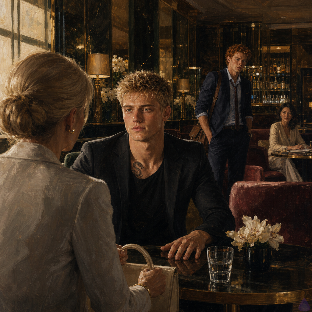 A tense upscale hotel lounge at midday with cream orchids, smoked mirrors, brass lamps, and velvet chairs. Blake Rhodes, a young fair-skinned blond man with messy short hair, blue-grey eyes, athletic build, wearing a tailored dark suit and open-collar shirt, sits upright across from his elegant mother Philippa in ivory silk and a dove-gray coat. Blake looks wounded but resolute, one hand on the table as he sets a boundary. Philippa appears polished, hurt, and controlled, gripping a structured handbag. In the background, Matthew O'Hara, tall with copper-red wavy hair, freckles, green eyes, navy suit and messenger bag, stands near the bar watching with restrained concern, while Kate in champagne cashmere sits farther away pretending to read a newspaper. Mood: emotional confrontation, family tension, quiet defiance, cinematic natural daylight, PG-13 drama.
