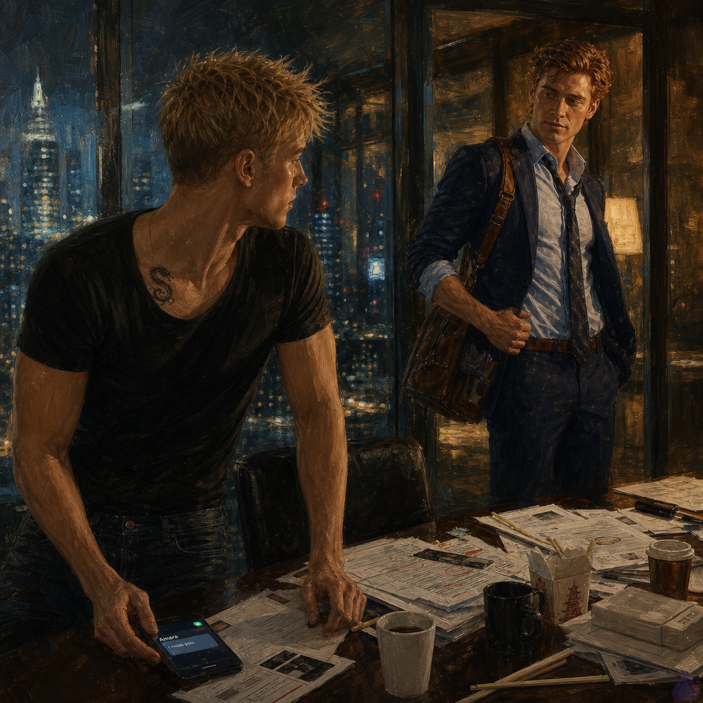 A cinematic PG-13 office romance scene at night in a high-rise glass conference room overlooking a glittering city skyline after rain. Blake Rhodes, a young fair-skinned blond man with short messy spiky hair, blue-grey eyes, athletic but not overly muscular build, wearing a black suit and white shirt, stands beside a long conference table covered in marked-up legal documents, empty coffee cups, chopstick wrappers, and a glowing phone with a message visible but unreadable. Matthew O'Hara, tall broad-shouldered fair-skinned man with copper red swept-back waves, emerald green eyes, freckles, navy suit, pale blue shirt, loosened patterned tie, rolled sleeves, and a worn leather messenger bag, pauses near the door looking back at Blake. The mood is intimate and restrained, charged with unspoken attraction and guilt. Cool blue city light and warm conference room lamps create contrast. Body language: Blake tense but drawn toward Matthew, one hand gripping a chair; Matthew half-turned to leave, expression soft and conflicted. No kissing, no explicit content.