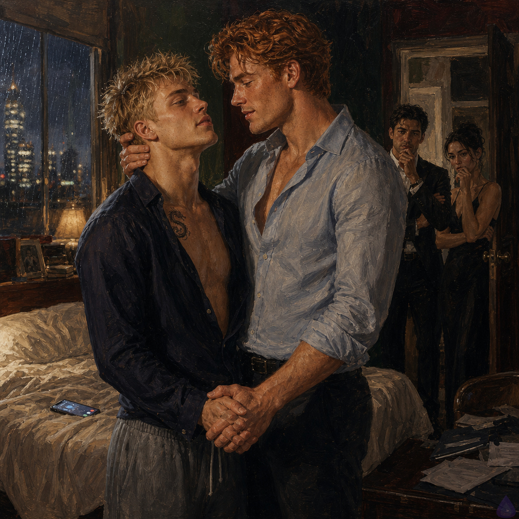 A PG-13 romantic drama scene in a dim, upscale modern bedroom at night, rain streaking tall windows with a blurred city skyline beyond. Blake Rhodes, a fair young man with messy short blond hair, blue-grey eyes, athletic lean build, wearing loose pajama trousers and a soft navy shirt with a small dragon tattoo partly visible near his collarbone, stands barefoot holding hands with Matthew O'Hara. Matthew is tall, broad-shouldered, fair with freckles, copper-red wavy hair mussed from sleep, green eyes, wearing a wrinkled pale blue dress shirt partly buttoned and dark trousers. The unmade bed behind them suggests intimacy but remains tasteful and PG-13. A phone glows on the bed with missed calls, papers are scattered faintly in the hallway, and the mood is tender, tense, vulnerable, and defiant after being discovered. Warm bedside light contrasts with cool rainy city light; body language shows Blake shaken but resolute, Matthew protective and careful, their hands clasped firmly.