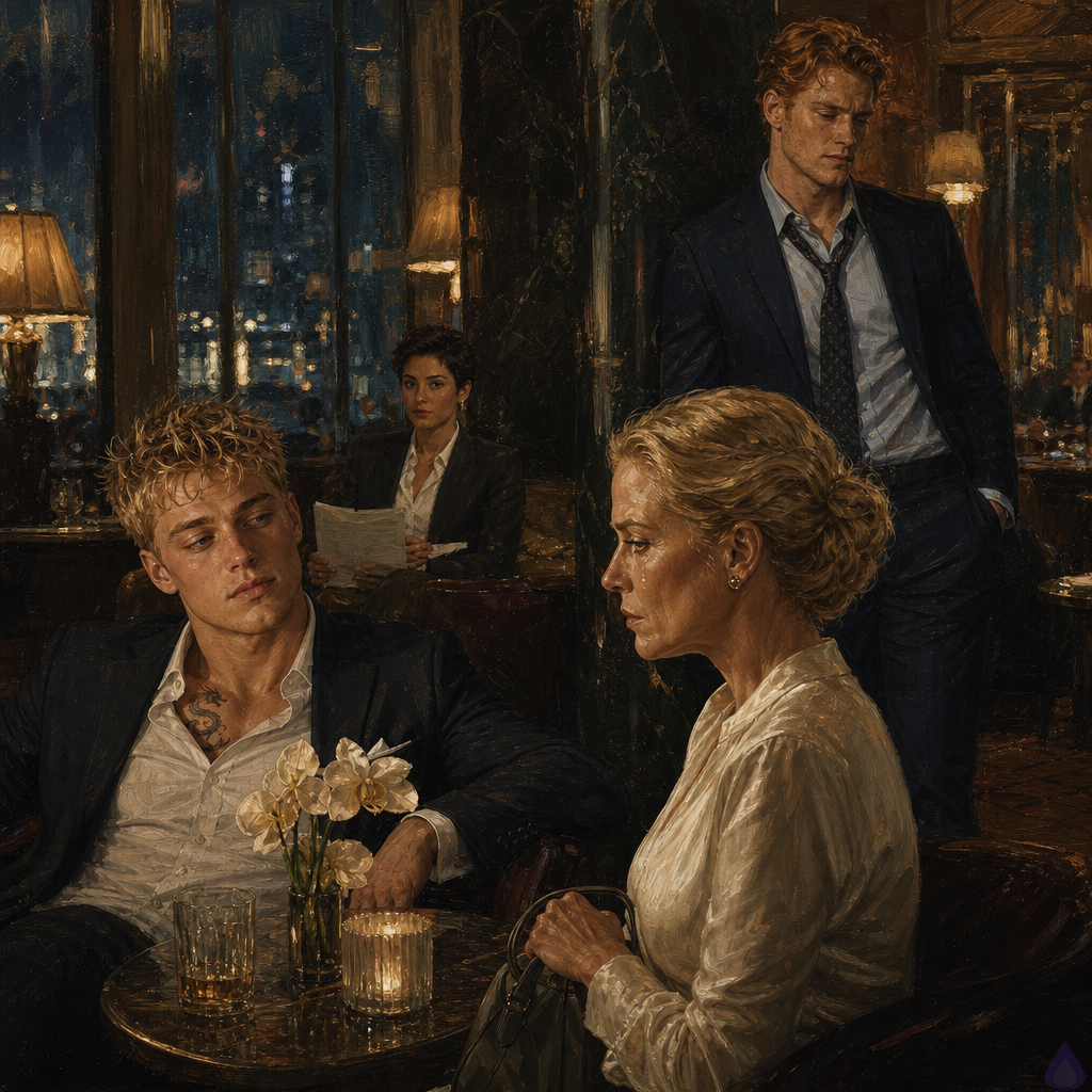 A cinematic PG-13 hotel lounge scene with warm brass lamps, smoked mirrors, cream orchids, and velvet chairs. Blake Rhodes, a young fair-skinned blond man with short messy hair, blue-grey eyes, athletic build, wearing a dark suit slightly rumpled from stress, sits at a small corner table across from Philippa Rhodes, an elegant older socialite in ivory silk and a dove-gray coat with polished hair and pearl earrings. Philippa looks emotionally shaken but composed, one hand clenched around a designer handbag, her expression caught between regret and fear. In the background near a dark marble bar, Matthew O'Hara stands tall in a rumpled navy suit, copper-red wavy hair, freckles, green eyes, watching Blake with restrained warmth and concern. Farther away, Kate sits with a financial newspaper lowered, alert and protective. Mood: tense but softened, fragile armistice, family confrontation with romantic support. Lighting warm and golden against a rainy city visible through tall windows. Body language emphasizes distance, boundaries, and cautious hope.