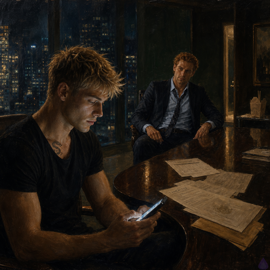 A PG-13 cinematic office scene at night in a high-rise corporate conference room with glass walls overlooking a glowing city skyline. Blake Rhodes, a young fair-skinned blond man in a black suit and white shirt, sits shaken at a long conference table scattered with legal documents, coffee cups, sushi containers, and a phone glowing with a message. His posture is tense, one hand near the phone, blue-grey eyes conflicted. Across from him sits Matthew O'Hara, tall and broad-shouldered with copper red wavy hair, fair freckled skin, emerald green eyes, a rumpled navy suit, loosened patterned tie, and a leather messenger bag nearby. A takeout container of pho sits on a side table. The conference room door is left half open, signaling restraint and boundaries. Mood is intimate but restrained, full of emotional tension, guilt, and tenderness. Soft overhead office lighting mixed with blue city light, reflective glass, quiet late-night atmosphere, no kissing or explicit content.