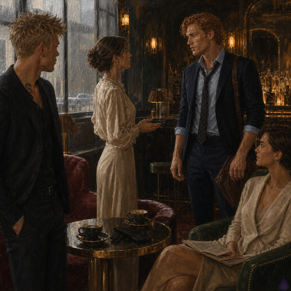 A cinematic PG-13 scene in an elegant hotel lounge with velvet chairs, brass lamps, cream orchids, smoked mirrors, and rain streaking tall windows. Blake Rhodes, a young fair-skinned blond man with short messy hair, blue-grey eyes, athletic build, wearing a black suit slightly rumpled from stress, stands near a small table with cooling coffee. Philippa Rhodes, elegant in ivory silk and a dove-gray coat, one glove removed and resting on the table, stands several paces from Matthew O'Hara as she apologizes. Matthew is tall, broad-shouldered, fair-skinned with freckles, copper-red loose waves, emerald green eyes, wearing a rumpled navy suit, pale blue shirt, loosened tie, and leather messenger bag, standing carefully near the bar with restrained emotion. Kate sits nearby in champagne cashmere, newspaper folded, watching protectively. Mood is tense but tender, a fragile family truce forming. Warm amber lighting contrasts with cool rainy window light. Body language: Blake guarded but resolute, Philippa humbled and uncertain, Matthew wary but softened, Kate alert and protective.