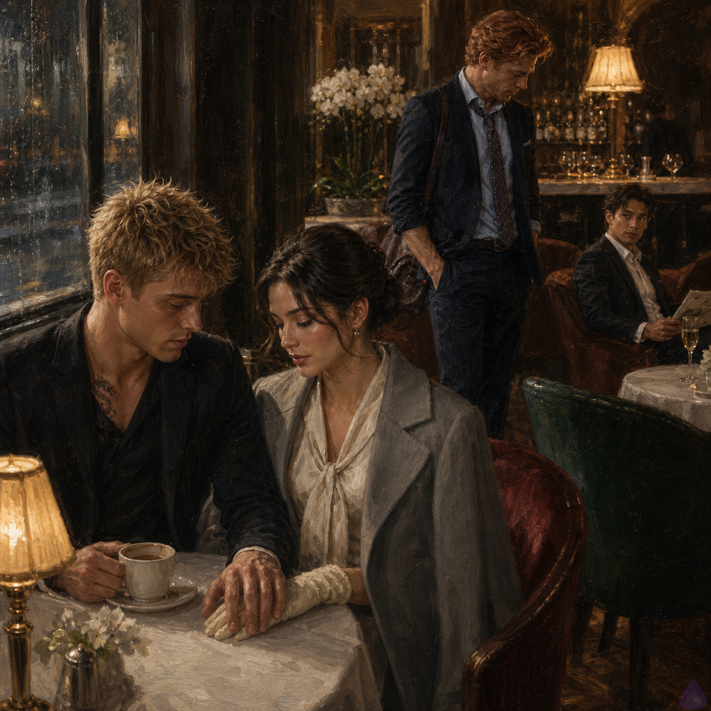 A cinematic hotel lounge scene in warm amber light with velvet chairs, brass lamps, cream orchids, and rain-streaked windows. Blake Rhodes, a young fair-skinned blond man in a tailored black suit and white shirt, sits at a small table across from his elegant mother Philippa in ivory silk and a dove-gray coat. Blake briefly covers Philippa’s gloved hand on the white linen table, his posture tense but resolute, his expression vulnerable and controlled. In the background near the marble bar stands Matthew O'Hara, tall and broad-shouldered in a rumpled navy suit with copper-red wavy hair, freckles, and green eyes, looking away respectfully to give privacy. Two tables away, Kate in champagne cashmere watches protectively over a lowered newspaper. Mood: fragile reconciliation, emotional boundaries, quiet tension, sophisticated modern romance drama, PG-13.