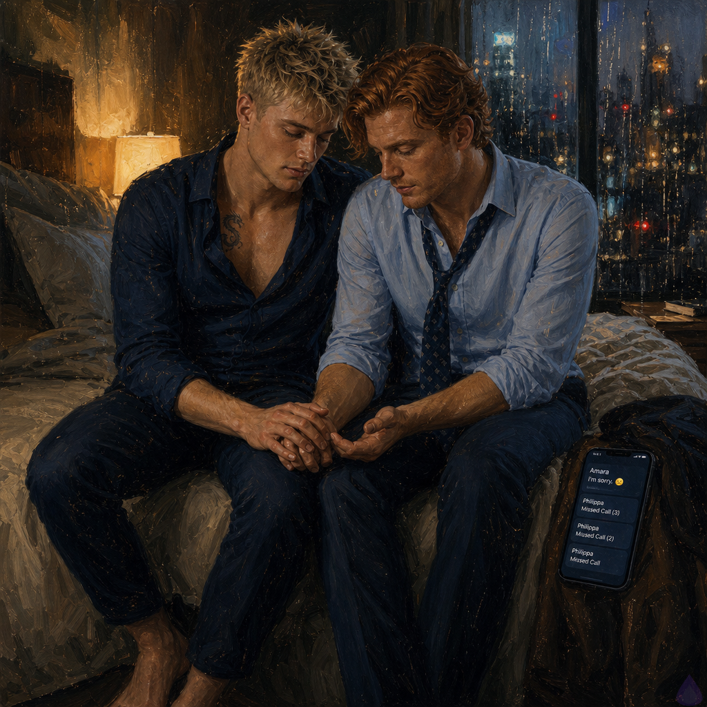 A PG-13 romantic drama scene in a luxurious modern Manhattan bedroom at night, rain streaking tall windows with blurred city lights beyond. Blake Rhodes, a fair-skinned young man with short messy blond hair, blue-grey eyes, athletic build, wearing soft navy pajama trousers and a loose navy shirt with a glimpse of a small dragon tattoo near his collarbone, sits on the edge of an unmade bed. Beside him sits Matthew O'Hara, tall and broad-shouldered with copper-red wavy hair, freckles, emerald green eyes, wearing a rumpled pale blue dress shirt buttoned slightly wrong and dark trousers. They sit shoulder to shoulder, holding hands on the bed between them, both emotionally vulnerable and tired after confrontation. A phone glows on the bed with unreadable messages, warm bedside lighting contrasts with cool rainy window light, mood intimate, fragile, honest, tender, cinematic realism.