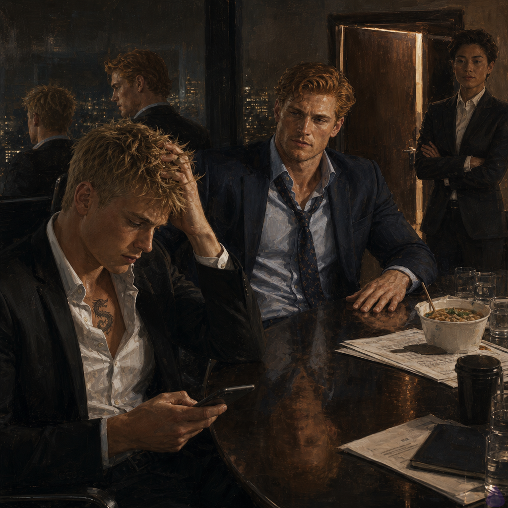 A tense PG-13 corporate romance scene at night in a glass-walled executive conference room high above a city skyline. Blake Rhodes, a young fair-skinned blond man in an immaculate black suit and white shirt, sits at a long conference table looking shaken, phone in hand after sending a difficult message. Across from him sits Matthew O'Hara, tall and broad-shouldered with copper-red wavy hair, freckles, emerald green eyes, a rumpled navy suit, loosened tie, and messenger bag nearby. A takeout container of pho sits on the table between them beside scattered legal documents, empty coffee cups, sushi remnants, and marked-up contracts. The conference room door is half open, casting a strip of pale corridor light into the dim blue-gold city glow. Their body language shows restrained desire and emotional conflict: Matthew keeps respectful distance, hands visible, gaze steady and concerned, while Blake looks vulnerable and conflicted. Moody cinematic lighting, reflective glass, quiet tension, realistic modern office setting, no explicit content.