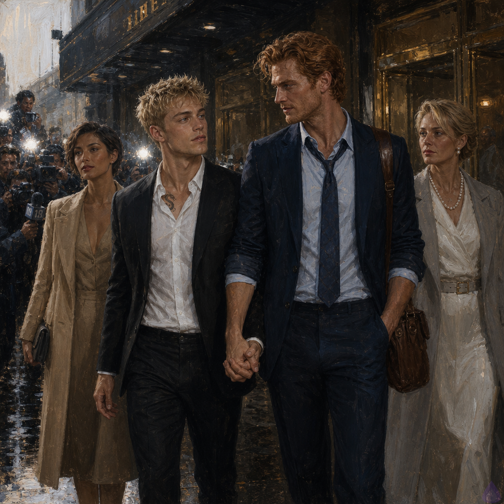 A cinematic PG-13 scene outside an upscale city hotel after rain, under a sleek awning with wet black pavement reflecting silver daylight and camera flashes. Blake Rhodes, a young fair-skinned blond man with short messy spiky hair, blue-grey eyes, athletic lean build, wearing a black suit and white shirt, stands hand in hand with Matthew O’Hara, a tall broad-shouldered fair-skinned man with copper-red wavy hair, freckles, green eyes, and a rumpled navy suit with loosened tie. They face a cluster of reporters and raised cameras directly, tense but united. Kate stands nearby in elegant champagne cashmere, composed and protective. Philippa Rhodes, elegant in ivory silk and a dove-gray coat with pearls, stands beside rather than in front of them, uncertain but publicly present. Mood: emotional defiance, fragile family truce, public scrutiny, romance under pressure. Lighting: overcast afternoon, rain reflections, bright camera flashes, polished hotel glass behind them.