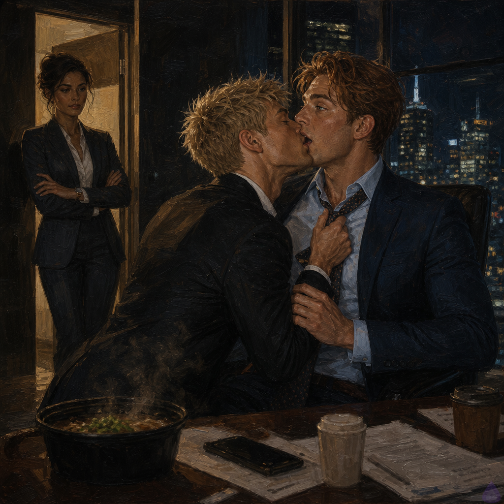 A PG-13 dramatic office romance scene at night in a high-rise glass conference room overlooking a glittering city skyline. Blake Rhodes, a young fair-skinned blond man in a black suit and white shirt, is on his knees beside Matthew O'Hara's chair, fist gripping Matthew's pale blue shirt as they share a sudden intense kiss. Matthew is a tall fair-skinned red-haired man with freckles, green eyes, rumpled navy suit, loosened tie, and a leather messenger bag nearby. The conference table is cluttered with legal documents, coffee cups, sushi containers, and a steaming pho takeout container on a side table. The mood is tense, conflicted, emotional, with cool city lights, warm office lamps, and body language showing desire mixed with shock and restraint. No nudity, no explicit sexual content.