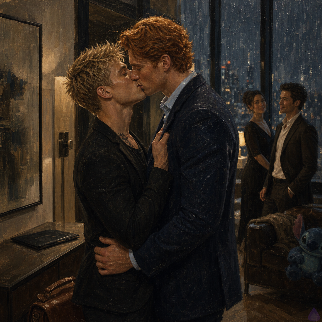 PG-13 romantic scene in a modern luxury city flat at night during rain. Blake Rhodes, a young fair-skinned blond man with short messy slightly spiky hair, blue-grey eyes, athletic lean build, wearing a partially loosened black suit and white shirt, stands just inside his apartment hallway kissing Matthew O'Hara. Matthew is tall, broad-shouldered, fair-skinned with freckles, copper red loose wavy hair, emerald green eyes, wearing a damp navy coat over a rumpled navy suit and pale blue shirt with loosened tie. They are kissing directly, lips together, with Matthew's hands gently at Blake's waist and Blake holding Matthew's hand or lapel, both tender and intense but fully clothed. Rain streaks the dark windows behind them, warm apartment lighting, closing papers on a console table, a worn leather messenger bag near the door, and a large blue alien plush half-hidden under a cashmere throw on the sofa in the background. Mood: intimate, consensual, emotionally charged, romantic relief after restraint.