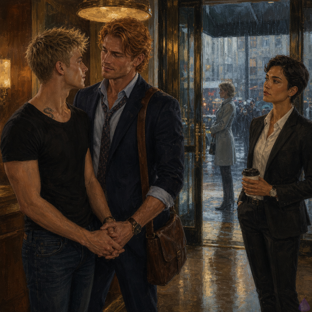 A cinematic PG-13 romance-drama scene in an upscale hotel lobby after rain. Blake Rhodes, a fair-skinned young man with short messy blond hair, blue-grey eyes, athletic lean build, wearing a sharp black suit and white shirt, stands near tall glass doors holding hands with Matthew O'Hara, a tall broad-shouldered fair-skinned man with copper-red wavy hair, freckles, emerald green eyes, and a rumpled navy suit with loosened tie. Their joined hands are visible and emotionally central, with tension and tenderness in their faces. Kate, composed in champagne cashmere, stands nearby holding a coffee, watching protectively. Outside beyond the rain-streaked glass, Philippa Rhodes in an elegant dove-gray coat stands under the awning, shielding them from photographers with poised social authority. Mood: fragile truce, public pressure, intimate courage. Lighting: warm brass hotel lights inside, cool wet city light outside, reflections on marble floor and glass.
