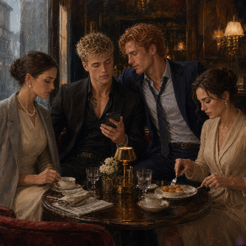 A sophisticated hotel lounge on a rainy afternoon, warm brass lamps and velvet chairs beside tall rain-streaked windows. Blake Rhodes, a young fair-skinned blond man with messy short hair, blue-grey eyes, and a black suit with an open collar hinting at a small dragon tattoo, sits at a table with Matthew O'Hara, a tall freckled man with copper-red wavy hair, emerald green eyes, and a rumpled navy suit with loosened tie. Philippa Rhodes, elegant in ivory silk and a dove-gray coat with pearls, sits across from them looking humbled and uncertain. Kate, polished in champagne cashmere, sits nearby with a pastry and folded newspaper. The mood is tense but tender, a fragile family truce. Matthew leans slightly toward Blake with quiet support, Blake holds a phone showing an unreadable message, Philippa watches with restrained remorse. Cinematic PG-13 emotional drama, soft rain-gray daylight mixed with amber interior lighting, realistic romance novel style.