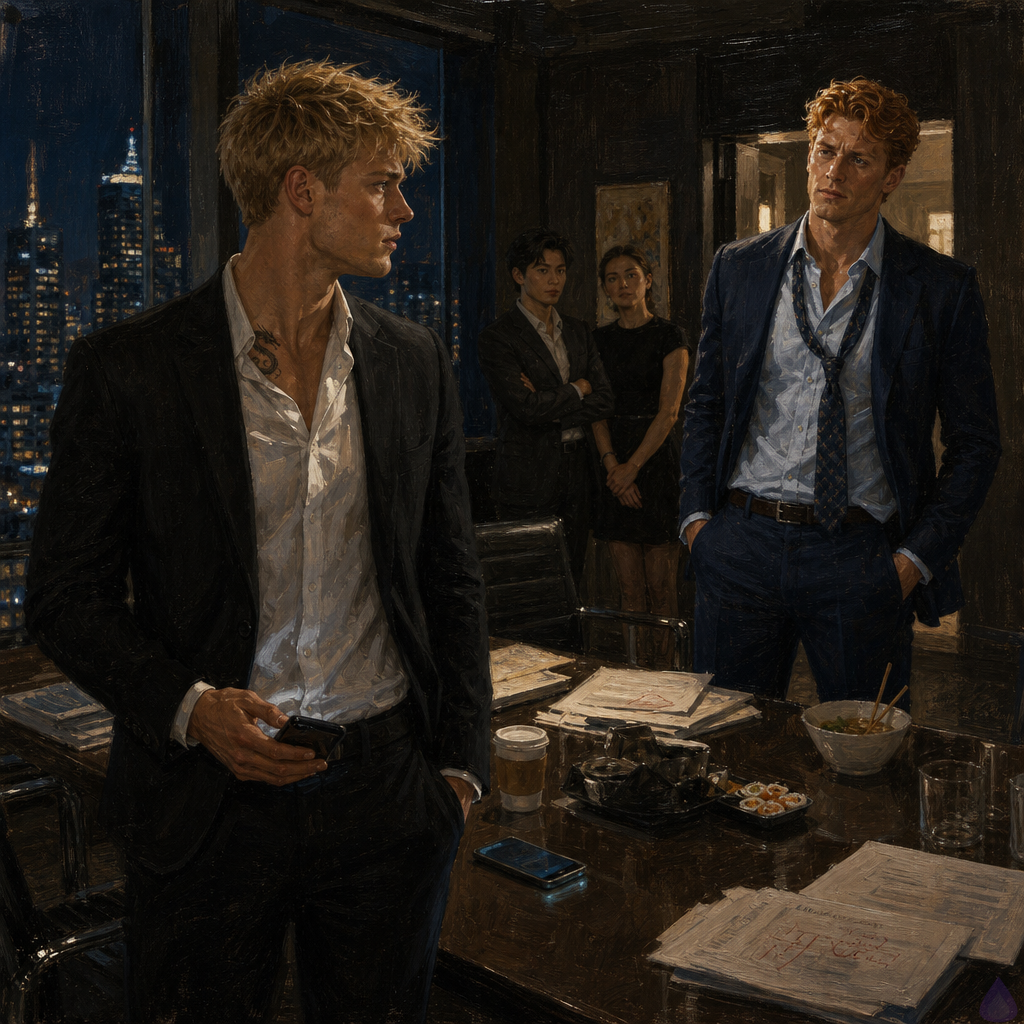 A cinematic PG-13 corporate romance scene in a glass-walled high-rise conference room at night. Blake Rhodes, a young fair-skinned blond man in a slightly disheveled black suit and white shirt, stands beside a long table covered in legal documents, empty coffee cups, sushi containers, and a glowing phone in his trembling hand. He looks shaken and guilty after a difficult call. Across from him stands Matthew O'Hara, tall, broad-shouldered, fair-skinned with freckles, copper-red wavy hair, and emerald green eyes, wearing a rumpled navy suit, pale blue shirt, loosened patterned tie, and messenger bag strap. His shirt is visibly wrinkled at the front, and his expression is pained, restrained, and tender. A takeout container of pho sits cooling on a side table. The conference room door is half open, spilling pale corridor light into the dim room. Outside the windows, Manhattan glows blue-black and gold. Mood: intimate tension, guilt, honesty, emotional aftermath, restrained longing. No kissing in this image, only charged distance and visible emotional conflict.