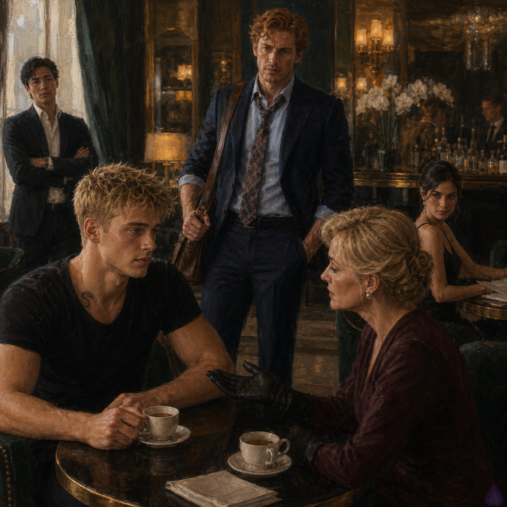 A tense, elegant hotel lounge in daylight with brass lamps, cream orchids, smoked mirrors, and velvet chairs. Blake Rhodes, a young fair-skinned blond man with messy short hair, blue-grey eyes, a black suit, and a visible guarded expression, sits across from his elegant mother Philippa in ivory silk and a dove-gray coat. Philippa has one gloved hand extended palm-up on the table in a tentative apology, her face emotional and conflicted. In the background near the bar stands Matthew O'Hara, tall and broad-shouldered, fair with freckles, copper-red wavy hair, green eyes, rumpled navy suit and loosened tie, watching Blake with restrained worry and affection. Further back, Kate sits with financial pages lowered, protective and alert. Mood is intimate, tense, emotional reconciliation beginning, soft daylight and warm gold lighting, cinematic PG-13 drama.