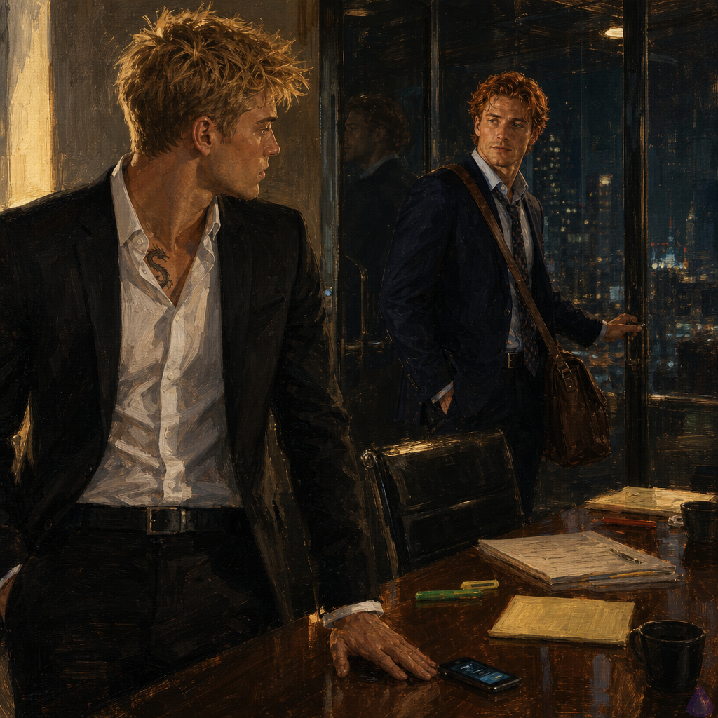 A cinematic PG-13 corporate romance scene in a high-rise glass conference room at night. Blake Rhodes, a young fair-skinned blond man with short messy hair, blue-grey eyes, wearing an immaculate black suit and white shirt, stands tense beside a long conference table covered with legal documents, empty coffee cups, sushi remnants, and marked-up papers. Matthew O'Hara, tall and broad-shouldered with copper red wavy hair, emerald green eyes, freckles, a rumpled navy suit, pale blue shirt, loosened patterned tie, and leather messenger bag, stands several feet away near the glass door, turned back toward Blake with conflicted tenderness. The Manhattan skyline glows blue and gold through floor-to-ceiling windows. Mood is restrained longing, moral tension, and quiet intimacy without physical contact. Soft office lights, reflections in glass, late-night atmosphere, emotionally charged body language.