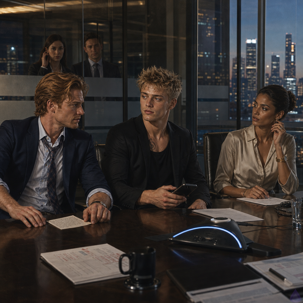 A tense modern corporate conference room at dusk high above Manhattan, blue city lights through floor-to-ceiling glass. Blake Rhodes, a young fair-skinned blond man in a black suit and white shirt, sits at the conference table with controlled posture, phone recently set aside, expression conflicted but composed. Matthew O'Hara, tall and broad-shouldered with copper red swept-back hair, freckles, emerald green eyes, navy suit, pale blue shirt, and loosened tie, sits close to Blake's left, passing him a handwritten note with an ink-stained thumb. Kate sits to Blake's right, polished and alert. The speakerphone glows in the center, legal documents and coffee cups scattered across the table. Mood: romantic tension restrained by professional crisis, cinematic PG-13, realistic office drama lighting, detailed body language, high emotional stakes.