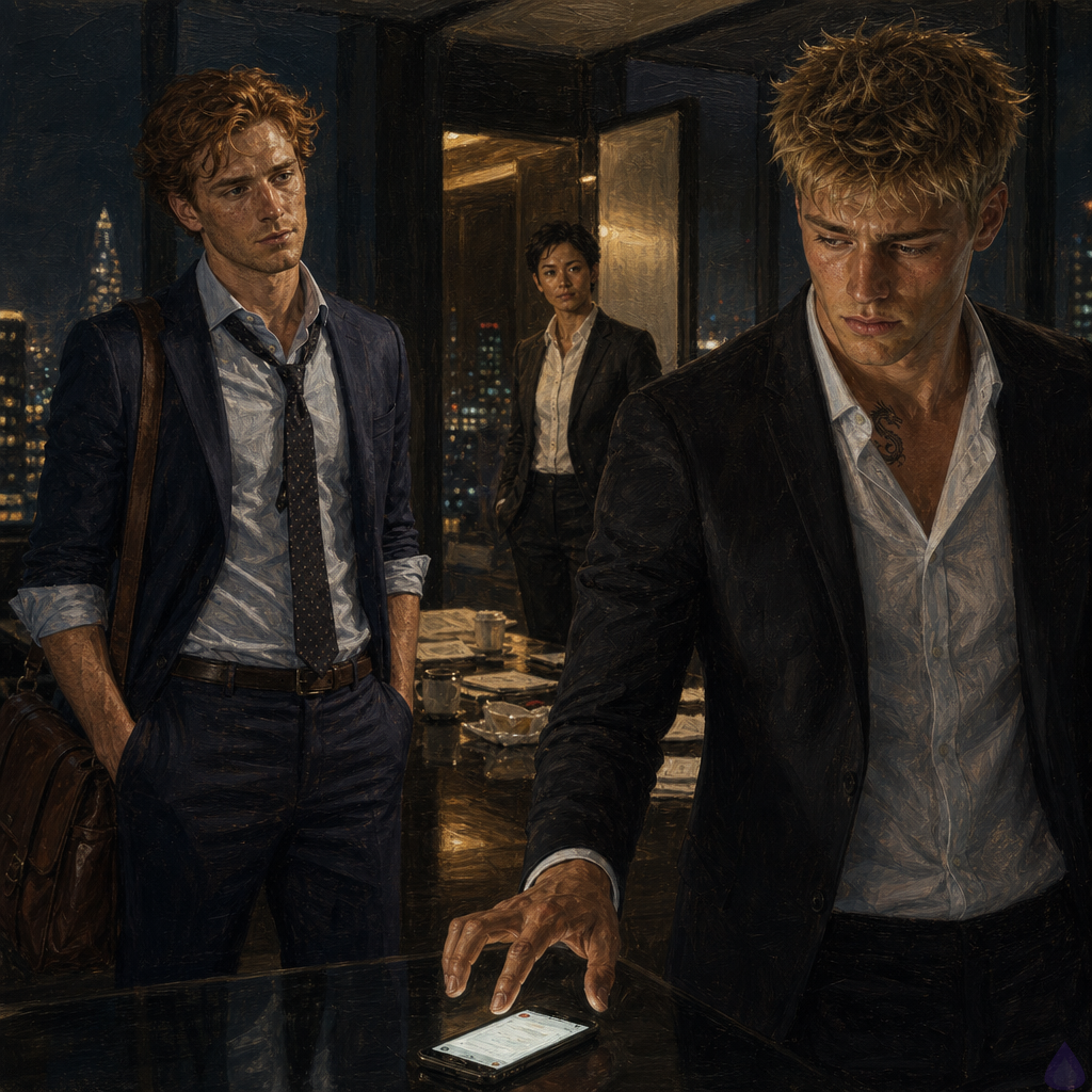 A cinematic PG-13 scene in a modern glass-walled corporate conference room at night, high above a city skyline glowing blue and gold. Blake Rhodes, a young fair-skinned blond man in a black suit and white shirt, stands shaken beside a long table scattered with legal documents, empty coffee cups, sushi containers, and a dark phone just lighting up. His blue-grey eyes are wet with restrained emotion, one hand hovering over the phone. Matthew O'Hara, a tall fair-skinned red-haired man with freckles and green eyes, stands a few feet away in a rumpled navy suit, pale blue shirt, loosened patterned tie, and messenger bag strap over one shoulder. His shirt is slightly wrinkled from an earlier grabbed kiss, his posture careful and concerned, hands visible and nonthreatening. The conference room door is half open, casting a strip of hallway light across the carpet. Mood: intimate emotional confession, guilt, restraint, unresolved romantic tension, late-night corporate atmosphere, soft reflections in glass, realistic contemporary romance drama.