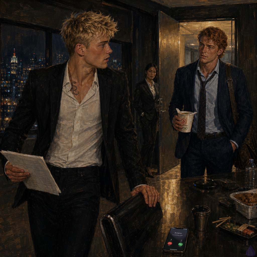 A tense PG-13 corporate romance scene in a high-rise glass conference room at night, Manhattan skyline glowing blue and gold outside. Blake Rhodes, a young fair-skinned blond man in a black suit and white shirt, stands flushed and visibly startled beside a long conference table cluttered with legal documents, empty coffee cups, sushi containers, and a glowing phone showing an incoming call from Amara. Matthew O'Hara, a tall fair-skinned red-haired man with freckles and green eyes, stands near the glass door in a rumpled navy suit with loosened tie, holding a Vietnamese pho takeout container, his expression careful, surprised, and restrained. The mood is charged with embarrassment, attraction, guilt, and unresolved desire. Cinematic lighting, reflections in glass, professional setting, intimate emotional tension without explicit nudity or sexual acts.