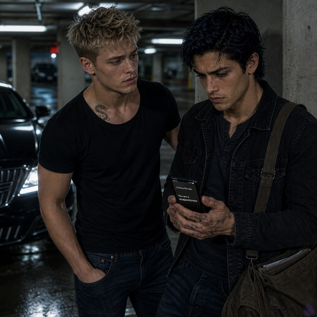 A cinematic PG-13 scene in an underground corporate parking garage at night, cold fluorescent lights flickering over wet concrete. Blake Rhodes, a fair-skinned young man with short messy blond hair, blue-gray eyes, athletic build, wearing a black suit and pale blue shirt, stands near a concrete pillar beside Tyler Wren. Tyler is an olive-tan young man with messy black hair with a blue sheen, storm-gray eyes, lean wiry build, faint scar through his right eyebrow, wearing a damp black denim jacket over a charcoal henley and dark jeans. Tyler holds a glowing phone with a distressing message from his mother, his face tight with fear he is trying to hide. Blake stands close but not touching, body angled protectively and carefully, concern visible under restrained composure. A black town car idles nearby with headlights casting long beams, and a distant security guard watches near the elevator. Mood tense, intimate, rain-soaked, emotionally raw, realistic romance thriller atmosphere.