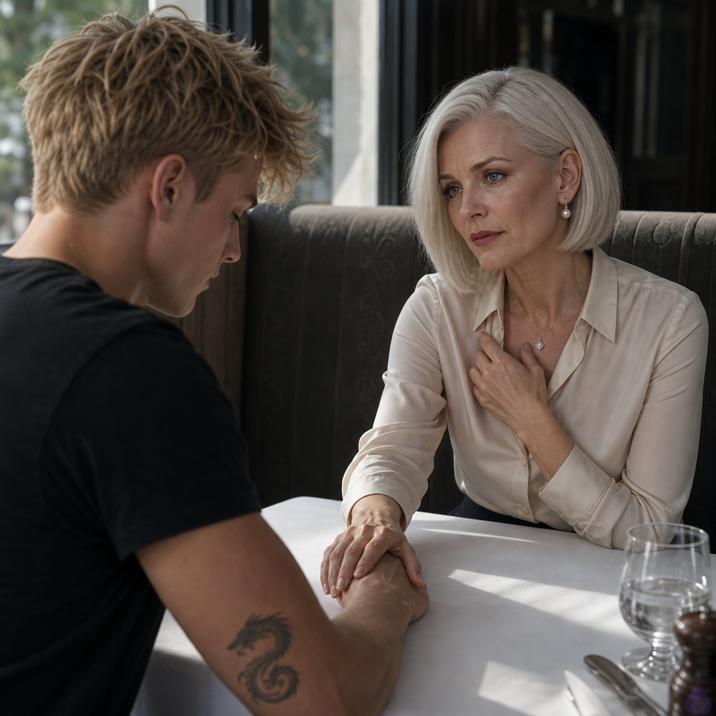 A cinematic PG-13 scene in an elegant quiet restaurant at lunchtime, high-backed booth, white tablecloth, soft noon light through a window. Blake Rhodes, a fair-skinned young man with short messy blond hair and blue-gray eyes, wearing a refined pale shirt and dark jacket, sits across from his mother Philippa Rhodes, a slim late-forties woman with champagne-blonde shoulder-length blowout, soft blue-gray eyes, powder-blue wrap dress, pale trench coat, vintage diamond pendant. Philippa reaches across the table and gently covers Blake’s hand with hers, both emotional but composed. Blake looks vulnerable and relieved, posture slightly bowed. Philippa’s eyes are damp, one hand near her pendant. Mood intimate, tender, complex family support, elegant warm lighting, realistic contemporary romance drama.