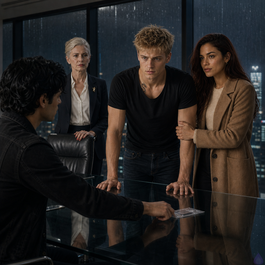 A tense corporate conference room high above a rainy city at night, glass walls streaked with rain and silver city lights. Blake Rhodes, a young fair-skinned man with short messy blond hair and blue-gray eyes, wearing a black suit and pale blue shirt, stands at the head of a glossy glass table with both palms pressed flat, controlled but shaken. Across from him stands Tyler Wren, olive-tan, lean and wiry, messy black hair damp from rain, storm-gray eyes, faint scar through his right eyebrow, black denim jacket over a charcoal henley, one hand near a plastic evidence sleeve containing a black flash drive. Amelia Danvers, warm honey skin, long dark auburn waves, cream sweater and camel coat over one arm, stands close beside Blake protectively. Celeste Rhodes, elegant silver-blonde bob, ivory blouse, black blazer, pearl earrings, stands with icy authority near her chair. Philippa Rhodes sits pale and anxious in a powder-blue dress, clutching a vintage diamond pendant. Mood: emotionally charged, restrained confrontation, rain-lit shadows, cinematic PG-13 drama.