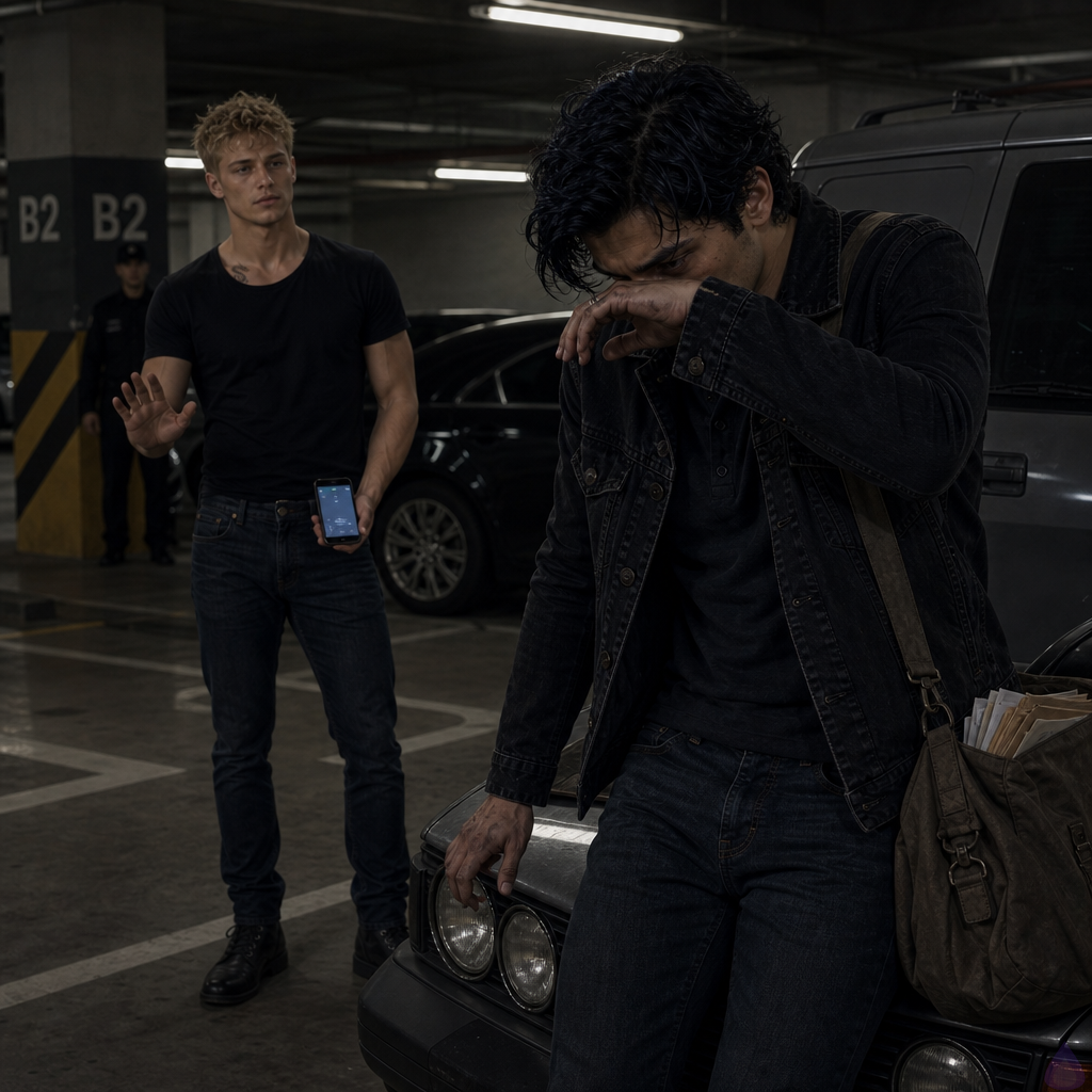 A cinematic PG-13 scene in an underground corporate parking garage late at night. Blake Rhodes, a fair-skinned young man with short messy blond hair, blue-gray eyes, athletic build, wearing a black suit and pale blue shirt, stands several feet away from Tyler Wren. Tyler is an olive-tan young man with messy black hair with a cool blue sheen, storm-gray tearful eyes, a faint scar through his right eyebrow, lean wiry build, wearing a damp black denim jacket over a charcoal henley, dark jeans, scuffed boots, and a canvas messenger bag. Tyler is half hidden beside an old sedan, one hand braced on the hood, wiping tears with his sleeve, visibly ashamed and exhausted. Blake holds a lit phone in one hand, paused between leaving and comforting him. A black town car idles nearby with headlights casting long white streaks across wet concrete. Fluorescent lights flicker overhead, rainwater glistens on tire tracks, mood tense, intimate, vulnerable, restrained, emotional realism, no explicit content.