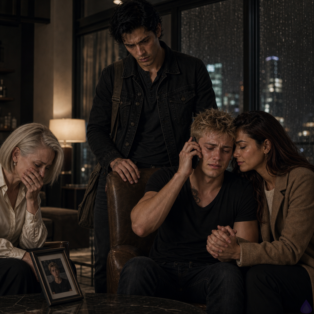 A cinematic PG-13 scene in a luxury penthouse living room at night during rain, warm lamplight contrasting with silver rain-streaked windows. Blake Rhodes, a fair-skinned young man with short messy blond hair and blue-gray eyes, sits at a coffee table holding a phone to his ear, visibly overwhelmed and crying. Amelia Danvers, slender with warm honey skin, long dark auburn waves, and deep brown eyes, sits beside him holding his hand and leaning close in protective support. Tyler Wren, olive-tan with messy black hair, storm-gray eyes, a faint scar through his right eyebrow, and a lean wiry build, stands behind Blake’s chair with one careful hand on Blake’s shoulder, expression shocked, guilty, and tender. Philippa Rhodes, champagne-blonde and delicate in powder blue, cries while clutching an old framed photograph of teenage Jacob in sunglasses. Celeste Rhodes, statuesque with a silver-blonde angled bob, ice-blue eyes, pearl earrings, and a black blazer over ivory silk, stands near the window with controlled intensity, phone in hand. The mood is emotional, intimate, tense, and revelatory, with laptops open, coffee cups, scattered documents, and a framed photograph on the table.