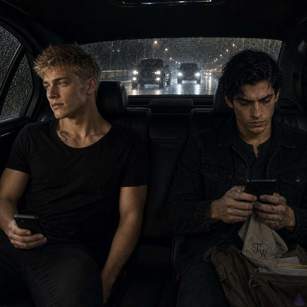 A cinematic PG-13 nighttime scene inside the back seat of a luxury black town car driving through heavy rain, escorted by dark security SUVs with blurred headlights ahead. Blake Rhodes, a fair-skinned young man with short messy blond hair, blue-gray eyes, an athletic build, wearing a black suit and pale blue shirt, sits tense but composed near the window with a phone in his hand. Beside him with deliberate space between them sits Tyler Wren, olive-tan skin, medium-short messy black hair with a cool blue sheen, storm-gray eyes, lean wiry build, damp black denim jacket over a charcoal henley, holding a phone tightly in both hands and a folded monogrammed handkerchief. Tyler looks frightened and exhausted after crying, while Blake watches him with careful concern. Rain streaks across the glass, city lights smear gold and silver outside, the mood is intimate, tense, protective, and urgent, with soft interior car lighting and reflections in the window.