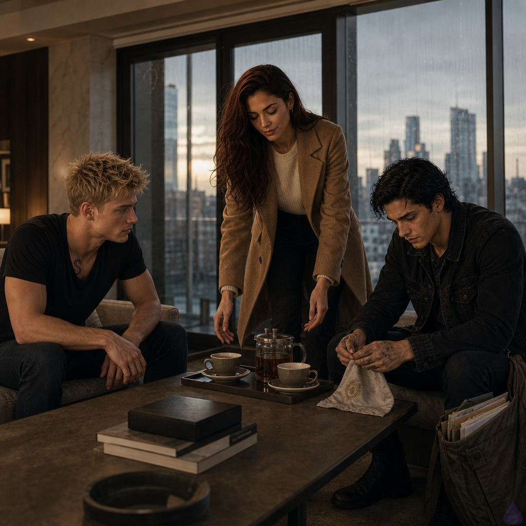 A cinematic PG-13 scene inside a luxurious guarded high-rise apartment at dawn after a storm. Warm golden interior light contrasts with gray rain-streaked city windows. Blake Rhodes, a fair-skinned young man with short messy blond hair, blue-gray eyes, athletic slim build, wearing a rumpled black suit and pale blue shirt, sits across from Tyler Wren, an olive-tan young man with messy black hair with a cool blue sheen, storm-gray eyes, lean tense build, faint scar through his right eyebrow, damp black denim jacket, holding a stained monogrammed white handkerchief in both hands. Amelia Danvers, warm honey skin, long dark auburn wavy hair, deep brown eyes, cream sweater and dark trousers, places a tray of tea between them with calm protective tenderness. The mood is intimate, exhausted, safe but emotionally charged. In the background, a hallway leads toward a guest room where Laurel is resting, with discreet security guards near the private foyer. No explicit content, no violence, focus on body language, relief, fragile trust, and dawn light.