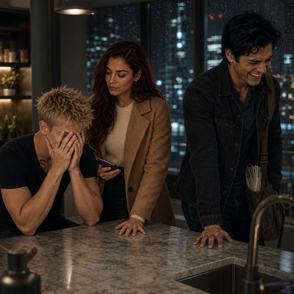 A warm modern luxury apartment kitchen at night, city lights visible through tall rain-streaked windows. Three young adults stand around a marble kitchen island in a charged but humorous moment. Blake Rhodes, a fair-skinned blond young man with short messy spiky hair and blue-gray eyes, wearing a rumpled black suit and pale blue shirt, sits with his face partly in his hands, embarrassed but smiling. Amelia Danvers, warm honey-toned skin, long dark auburn wavy hair, deep brown eyes, cream sweater and dark trousers, stands beside him holding his phone with calm authority and a faint amused smile. Tyler Wren, olive-tan skin, black messy hair with a cool sheen, storm-gray eyes, faint scar through right eyebrow, black denim jacket over charcoal shirt, leans against the island laughing despite himself. The mood is intimate, tender, funny, and emotionally charged, with mugs of tea and coffee on the counter, soft golden kitchen lighting, and security implied beyond the private elevator. PG-13, no nudity, no kissing, focus on body language, warmth, and complicated romantic tension.