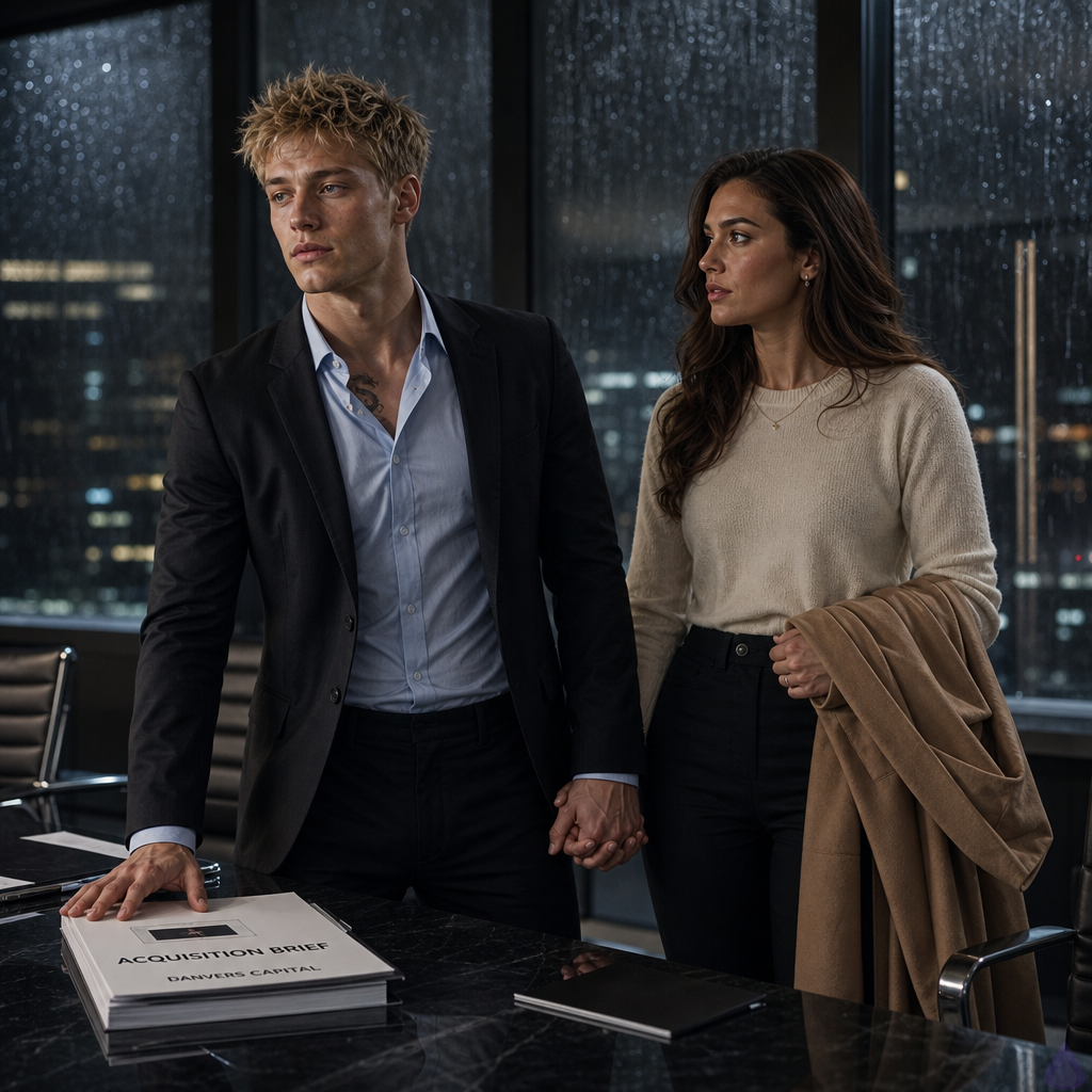 A cinematic PG-13 corporate drama scene in a luxurious high-rise conference room at night during heavy rain. Blake Rhodes, a young fair-skinned man with short messy spiky blond hair, blue-gray eyes, and an athletic but not overly muscular build, stands in a black suit with a pale blue shirt at the head of a long polished conference table. Amelia Danvers, a slender young woman with warm honey-golden skin, long dark auburn waves, deep brown eyes, a cream knit sweater, dark trousers, and a camel coat over one arm, stands close beside him and holds his hand under the table in quiet support. Across from them, Tyler Wren, a lean olive-tan young man with messy black hair with a cool blue sheen, storm-gray eyes, a faint scar through his right eyebrow, tired under-eyes, a black denim jacket, charcoal henley, dark jeans, scuffed boots, and ink-smudged fingers, drops rain-damp folders and documents onto the table from a canvas messenger bag. Celeste Rhodes sits elegantly to the side with a silver-blonde angled bob, ivory blouse, black blazer, pearl earrings, red nails, and an icy controlled expression. Philippa Rhodes stands near the doorway in a powder-blue wrap dress, touching a vintage diamond pendant with anxious fingers. Mood tense, emotionally charged, rain-streaked windows, cool city lights, polished reflections, restrained fear and confrontation, realistic contemporary romance thriller style.