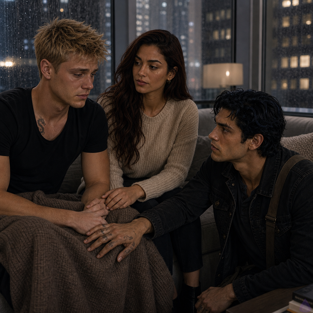 A cinematic PG-13 scene in a luxury high-rise apartment on a rainy afternoon. Blake Rhodes, a fair-skinned young man with short messy blond hair and blue-gray eyes, sits curled on a modern sofa in a soft black T-shirt and sweatpants, pale and emotionally overwhelmed under a blanket. Amelia Danvers, slender with warm honey skin, deep brown eyes, and long dark auburn hair tied loosely back, sits close beside him in an oversized sweatshirt, holding his hand with quiet protective tenderness. Tyler Wren, olive-tan with messy black hair, storm-gray eyes, a faint scar through his right eyebrow, and lean wiry build, kneels or sits on the floor near the sofa with one hand resting carefully on the edge of Blake’s blanket, offering restrained comfort. A paper bag with soup and ginger candies sits on the coffee table. Rain streaks the large windows behind them, city lights blurred gray and silver. The mood is intimate, emotional, fragile, and healing, with soft natural light, warm interior tones, and body language showing consent, care, grief, and trust.