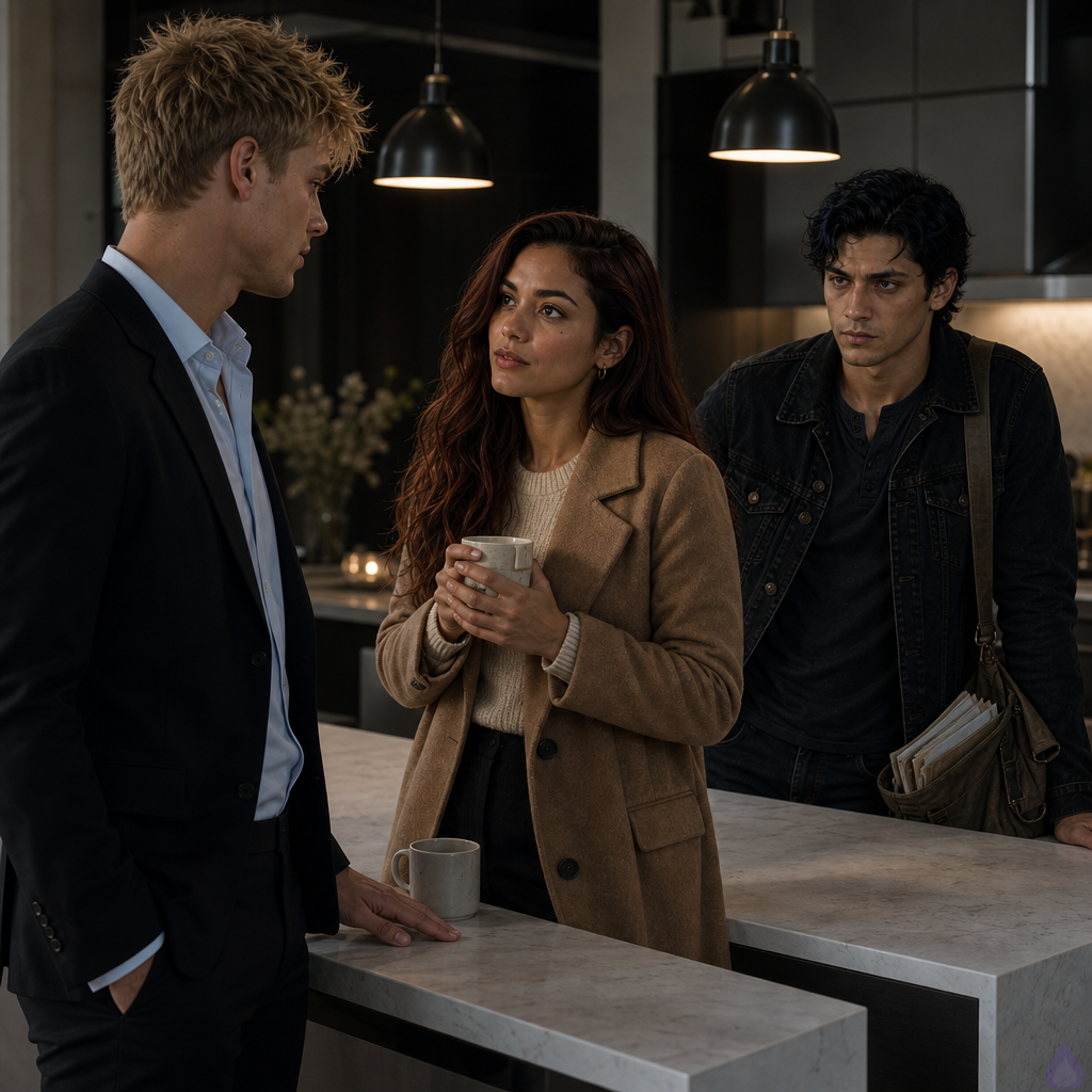 A cinematic PG-13 scene in a luxurious modern apartment kitchen at night, warm pendant lights over a pale stone island, rain-streaked city windows in the background. Blake Rhodes, a fair-skinned young blond man in a rumpled black suit and pale blue shirt, stands vulnerable at the island with one hand near a tea mug. Amelia Danvers, a slender young woman with warm honey skin, long dark auburn waves, deep brown eyes, and a cream sweater, stands across from him holding a mug, emotional but steady. Tyler Wren, an olive-tan young man with messy black hair, storm-gray eyes, a faint scar through his right eyebrow, and a black denim jacket over a charcoal shirt, leans against the far side of the island, visibly moved and guarded. The three form a tense emotional triangle, not touching, with charged longing, honesty, and uncertainty in their body language. On the counter, a phone lights up with an incoming message, adding a subtle note of interruption. Mood: intimate, restrained, romantic tension, vulnerable conversation, soft shadows, realistic contemporary drama.