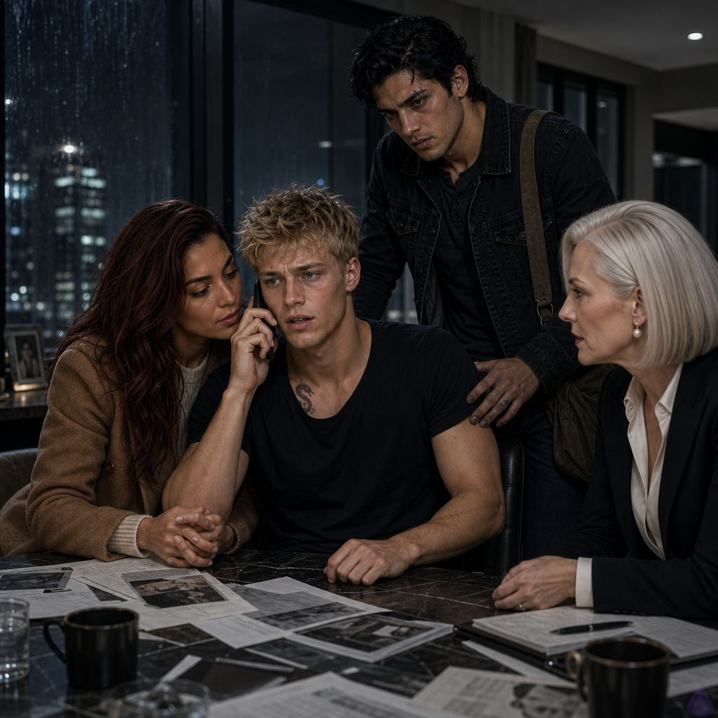 A tense, emotional modern penthouse living room turned late-night investigation war room. Rain-streaked floor-to-ceiling windows show a dark city skyline. Blake Rhodes, a fair-skinned young man with short messy blond hair and blue-gray eyes, sits at a table covered in laptops, files, and a framed photo of a smiling teenage boy in sunglasses. He holds a phone in one shaking hand while Amelia Danvers, a warm honey-skinned young woman with long auburn hair and deep brown eyes, grips his other hand and leans close beside him. Tyler Wren, olive-tan with messy black hair, storm-gray eyes, and a scar through one eyebrow, stands behind Blake’s chair with one hand lightly on it, looking stricken and hopeful. Philippa Rhodes, champagne-blonde and delicate in powder blue, cries softly while holding the photograph. Celeste Rhodes, tall and statuesque with a silver-blonde bob, stands protectively behind Philippa, composed but visibly shaken. Multiple laptop screens glow with documents and passport photos. Mood: shocked hope, grief, revelation, intimate support, cinematic PG-13 drama, soft lamp light, rain reflections, high emotional tension.
