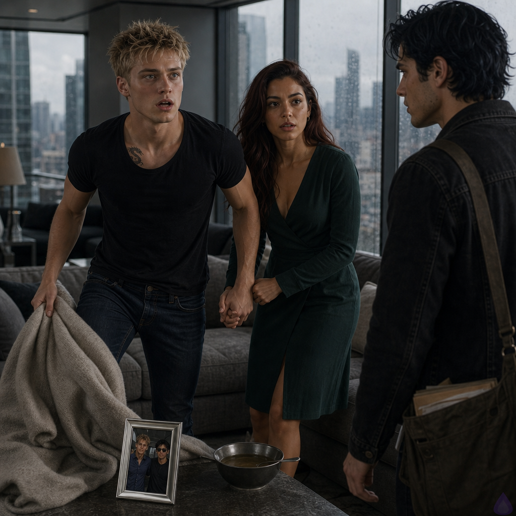 A tense, cinematic scene in a luxurious guarded penthouse living room on a rainy gray afternoon. A silver-framed photograph of two teenage boys sits upright on a coffee table beside a bowl of broth: one is young blond Blake in casual summer clothes, the other is Jacob in a blue shirt and awful sunglasses, grinning. Adult Blake, fair-skinned with messy short blond hair and blue-gray eyes, sits pale and shaken on a sofa under a blanket, wearing a soft black T-shirt, Amelia beside him holding his hand, auburn hair loose, dark green dress, protective and alarmed. Tyler, olive-tan with messy black hair and storm-gray eyes, leans forward in shock and horror staring at the photo, one hand half-raised, face drained of color. Philippa, elegant champagne-blonde in powder blue, stands trembling with fingers at her diamond pendant, while Celeste, tall silver-blonde in an ivory blouse and black blazer, turns sharply from the rain-streaked windows with phone in hand. Mood: revelation, dread, fragile hope, emotional intensity. Lighting: soft gray rainlight, warm lamp glow, reflective city windows. PG-13, no violence, no explicit content.