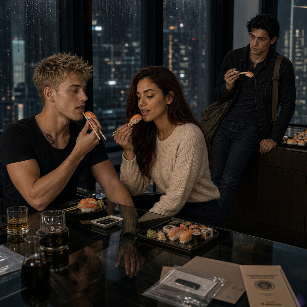 A sleek high-rise corporate conference room at night during heavy rain, city lights blurred through floor-to-ceiling windows. At one end of a long glass table are sealed evidence folders and a plastic-sleeved flash drive, carefully separated from an array of late-night sushi takeout on the credenza. Blake Rhodes, a fair-skinned young man with short messy blond hair, blue-gray eyes, athletic build, black suit and pale blue shirt, stands beside Amelia Danvers, a honey-toned woman with long dark auburn waves, deep brown eyes, cream sweater and camel coat nearby. Amelia lightly brushes Blake's hand in quiet support. Across from them, Tyler Wren, olive-tan skin, black messy hair with blue sheen, storm-gray eyes, faint scar through right eyebrow, black denim jacket and charcoal henley, leans tensely with chopsticks and a guarded half-smile. Celeste Rhodes, statuesque with silver-blonde angled bob, black blazer, pearl earrings, and red nails, inspects sashimi with icy authority. Philippa Rhodes sits nearby in a powder-blue dress, holding miso soup with both hands, visibly fragile but calmer. Mood: tense but softened by dark humor and shared food, cinematic PG-13 drama, cool office lighting mixed with warm takeout containers, emotional aftermath, fragile alliance forming.