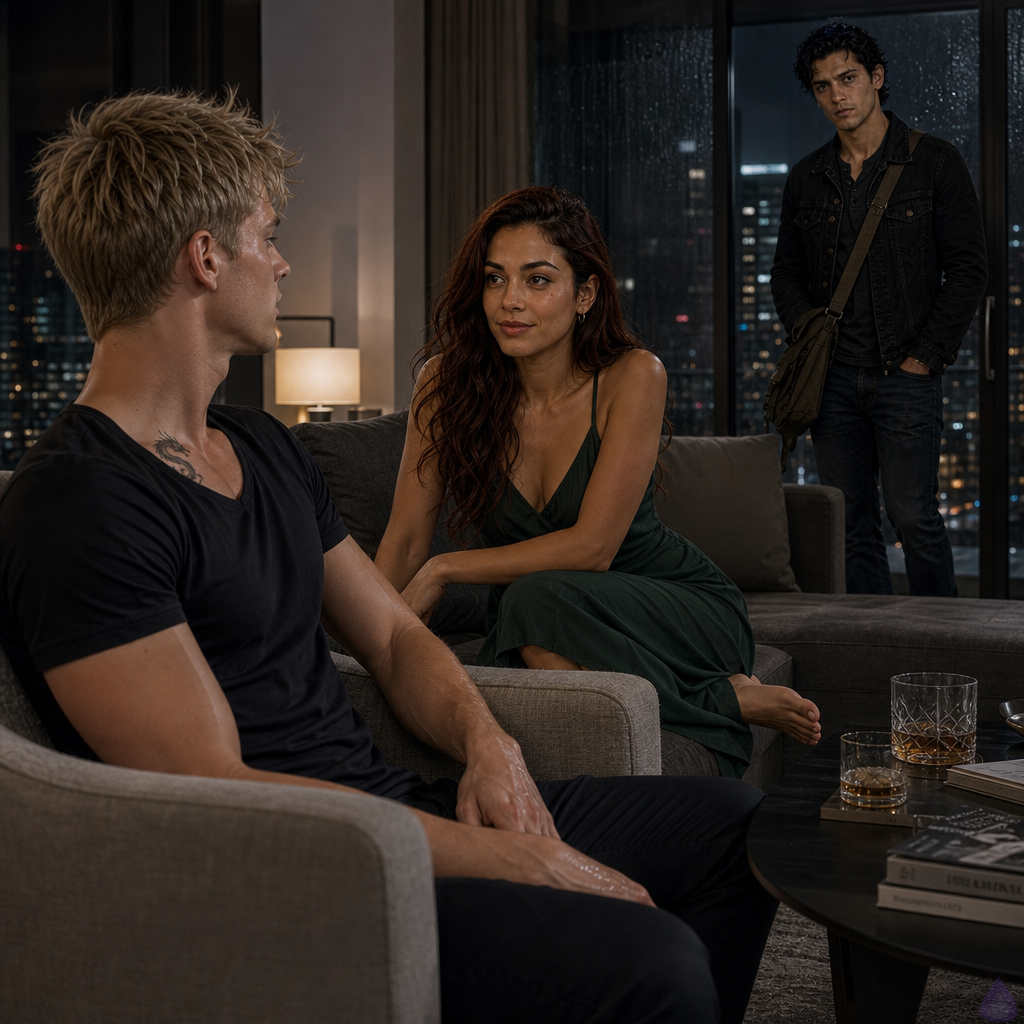 A cinematic PG-13 scene in a luxurious modern high-rise apartment living room at night after rain. Blake Rhodes, a fair-skinned young man with damp short messy blond hair, blue-gray eyes, athletic build, wearing a soft black T-shirt and drawstring lounge pants, sits in an armchair looking vulnerable but composed. Amelia Danvers, warm honey skin, long dark auburn hair, deep brown eyes, wearing an elegant dark green dress, sits on a sofa with a calm, protective expression. Tyler Wren, olive-tan skin, black messy hair with a cool sheen, storm-gray eyes, lean wiry build, faint scar through right eyebrow, wearing a black button-down with sleeves rolled, sits at the far end of the sofa. The three are not touching, but the emotional and romantic tension is visible in their body language and exchanged looks. Warm lamplight, rain-streaked floor-to-ceiling windows, city lights blurred outside, tea mugs on a low table, intimate but restrained atmosphere, no explicit nudity.