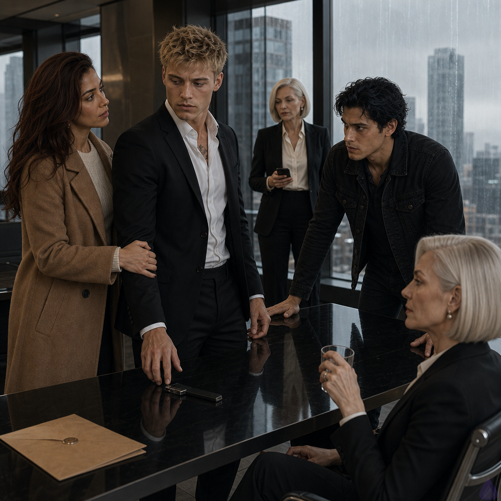 A tense modern corporate conference room high above a rainy city at night, floor-to-ceiling windows streaked with rain and silver reflections. Blake Rhodes, a fair-skinned young man with short messy blond hair and blue-gray eyes, wearing a fitted black suit and pale blue shirt, stands at the glass conference table looking shaken but controlled. Amelia Danvers, warm honey skin, long dark auburn wavy hair, deep brown eyes, cream sweater and camel coat nearby, stands close beside him with one hand on his wrist, protective and grounding. Across the table, Tyler Wren, olive-tan skin, storm gray eyes, messy black hair with a blue sheen, faint scar through one eyebrow, black denim jacket and messenger bag, faces them with wounded anger and exhaustion. Celeste Rhodes, silver-blonde angled bob, black blazer and pearl earrings, stands with icy authority near the table, while Philippa Rhodes sits pale and anxious in a powder-blue dress touching a diamond pendant. A sealed black flash drive and scattered documents lie on the glossy table. Moody cinematic lighting, rain-dark atmosphere, emotional confrontation, PG-13 drama, realistic romance thriller style.