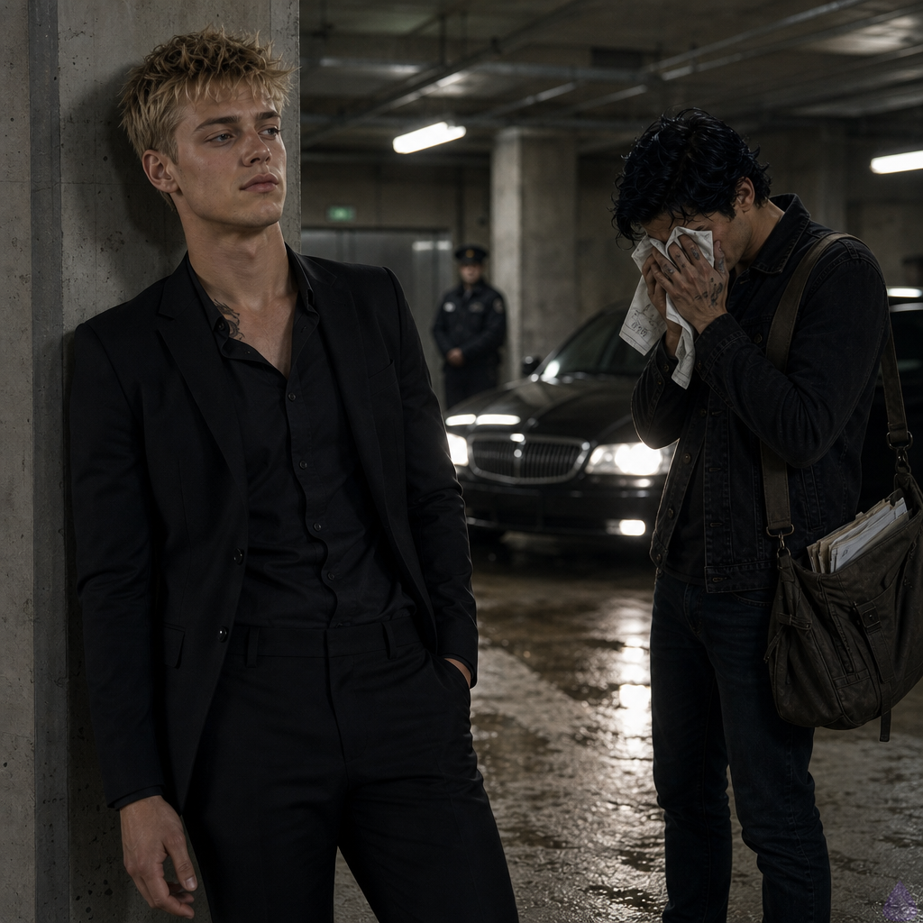 A cinematic PG-13 scene in a private underground corporate parking garage late at night. Blake Rhodes, a fair-skinned young man with short messy blond hair, blue-gray eyes, athletic build, wearing a black suit and pale blue shirt, leans against a concrete pillar under flickering fluorescent lights. A small dragon tattoo is barely hinted at near his collarbone through the open shirt collar. A few feet away stands Tyler Wren, olive-tan skin, messy black hair with a cool blue sheen, storm-gray eyes wet from crying, faint scar through his right eyebrow, lean wiry build, wearing a damp black denim jacket over a charcoal henley, dark jeans, scuffed boots, and a canvas messenger bag. Tyler holds Blake’s white monogrammed handkerchief in one ink-smudged hand. The mood is tense but tender, with emotional distance respected. A black town car idles nearby with headlights casting long bars across wet concrete. Rain glows beyond the garage entrance, and a security guard waits discreetly in the background. The image should show quiet comfort, vulnerability, restrained connection, and late-night urban atmosphere.
