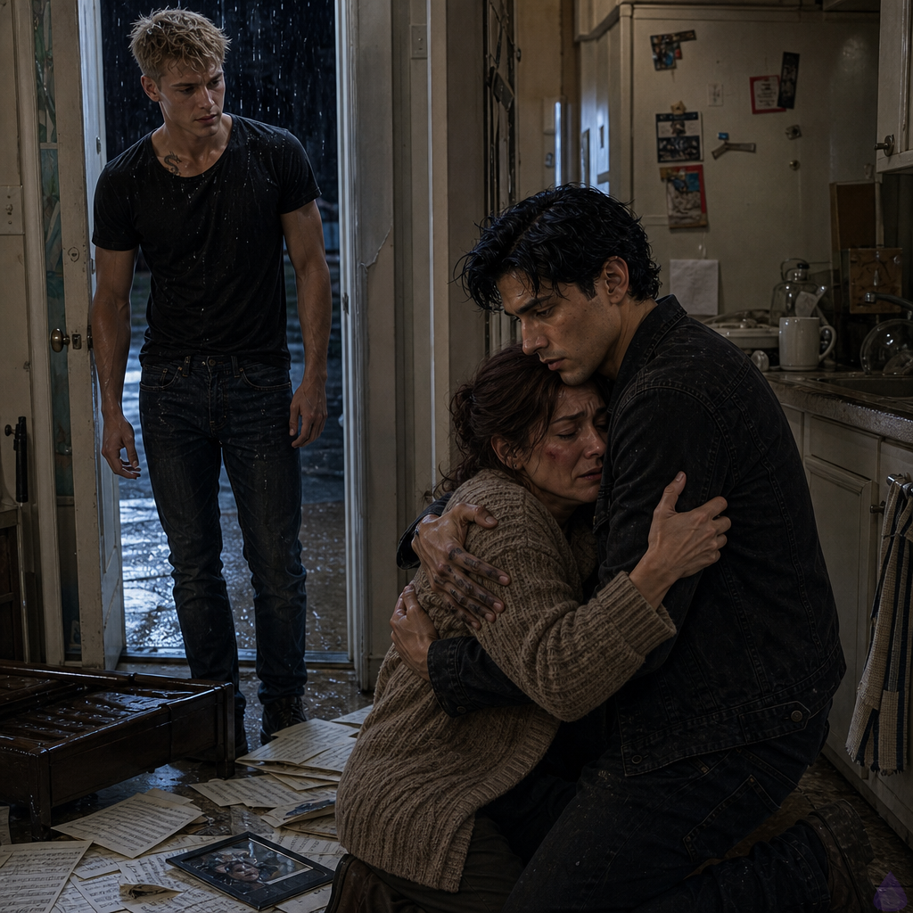 A tense PG-13 thriller-romance scene inside a small rain-soaked Providence house after a break-in. In the cramped kitchen doorway, Blake Rhodes, a fair-skinned young man with short messy blond hair and blue-gray eyes wearing a rain-damp black suit and pale blue shirt, stands with visible concern. On the kitchen floor, Tyler Wren, olive-tan with messy black hair, storm-gray eyes, a faint scar through his right eyebrow, black denim jacket and dark clothes, kneels and embraces his shaken mother Laurel Vance, a late-forties woman in a cardigan and faded music department T-shirt with dark hair streaked silver and a red mark on one cheek. The house is cluttered with sheet music, an overturned piano bench, broken glass, and newspaper clippings on the piano. Security guards are visible in the background restraining masked intruders near the porch, non-graphic, with police lights beginning to glow blue and red through rain-streaked windows. Mood: urgent, emotional relief, danger still present, cinematic lighting with warm interior lamps and cold storm light.