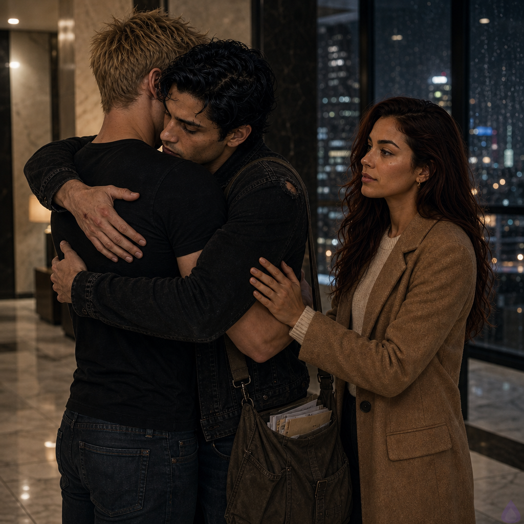 A cinematic PG-13 emotional scene inside a luxurious high-rise apartment foyer during a rainy evening. Blake Rhodes, a fair-skinned young blond man with messy short hair and blue-gray eyes, wearing a soft black T-shirt and looking shaken, is being carefully embraced by Tyler Wren, an olive-tan young man with messy black hair, storm-gray eyes, a faint scar through one eyebrow, and a rain-damp dark jacket with a slight torn shoulder seam. Amelia Danvers, a warm honey-skinned young woman with long dark auburn waves and deep brown eyes, stands close beside them with one hand gently on Blake's back and the other touching Tyler's arm, forming a supportive three-person embrace. The mood is intimate, vulnerable, and healing, with rain streaking tall windows in the background, warm interior lighting, guards discreetly blurred near the elevator, and the city lights glowing beyond the glass. No explicit nudity, no violence, just emotional closeness, relief, and tenderness.