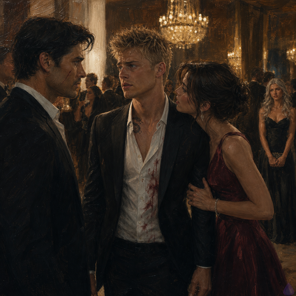 A tense upscale fundraiser in a grand ballroom with crystal chandeliers, elegant guests, and soft warm lighting. Blake Rhodes, a young adult man with short messy blond hair, blue-grey eyes, fair skin, athletic build, and a polished black suit, stands rigid beside an attractive but controlling woman in a sleek evening dress gripping his wrist possessively. Across the room, Elias, an older dark-haired man with a cheek scar and a dark tailored suit, has just arrived and is walking toward Blake with a focused, intense expression. Blake looks conflicted and caught between shame and longing, while Elias looks protective and serious. The atmosphere is charged, glamorous, and emotionally fraught, with Celeste Rhodes visible in the background watching with sharp concern.