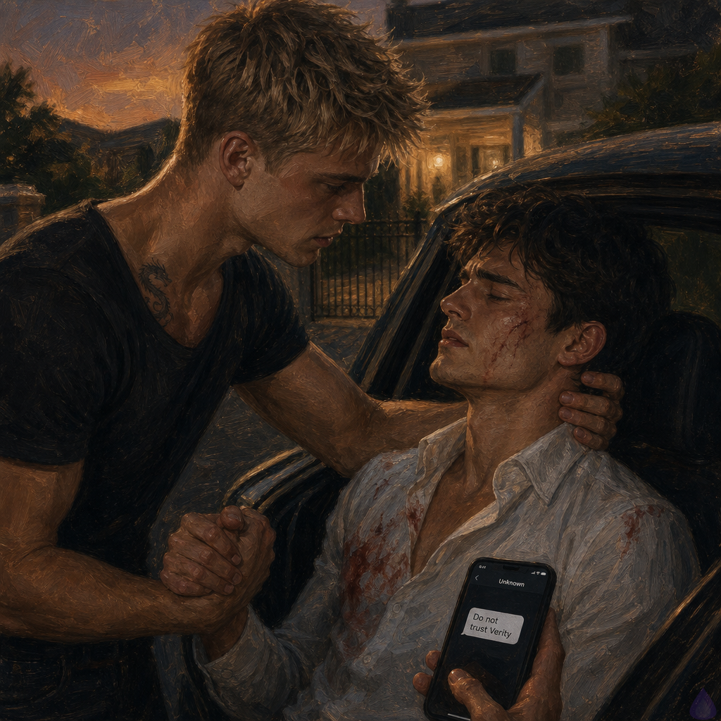 Cinematic intimate scene outside a modest suburban house at late afternoon turning to dusk, Blake Rhodes, blonde messy spiky hair, fair athletic build, in tailored casual clothes, standing close to Elias, dark-haired man with a scarred cheek and military bearing, on a quiet street by a closed gate and parked car. Blake is steadying Elias by the hand and neck, protective and calm, while Elias looks shaken and guarded, phone in hand with a dangerous unread message. Soft golden light, tense emotional atmosphere, subtle rain-washed pavement, realistic modern setting, close body language, intense eye contact, no nudity, no explicit sexual content, focus on concern, trust, and looming danger.